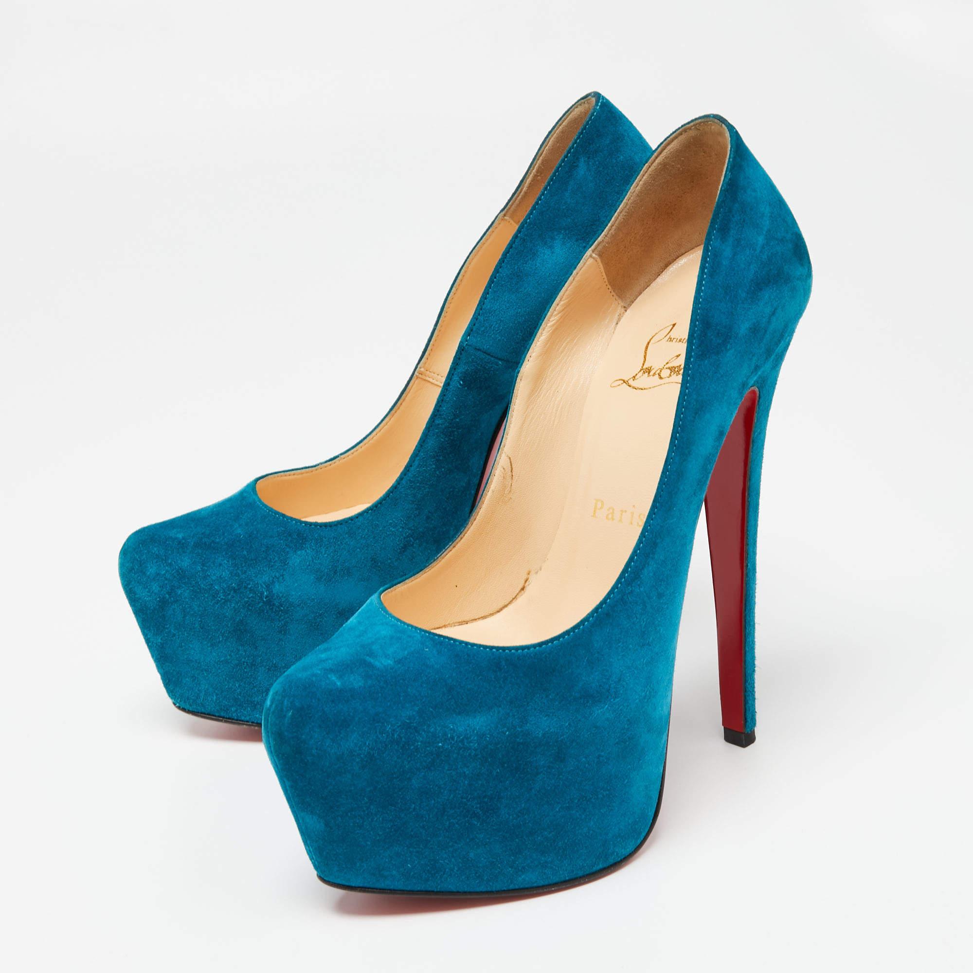 Christian Louboutin Teal Blue Suede Daffodile Platform Pumps Size 36.5 For Sale 2