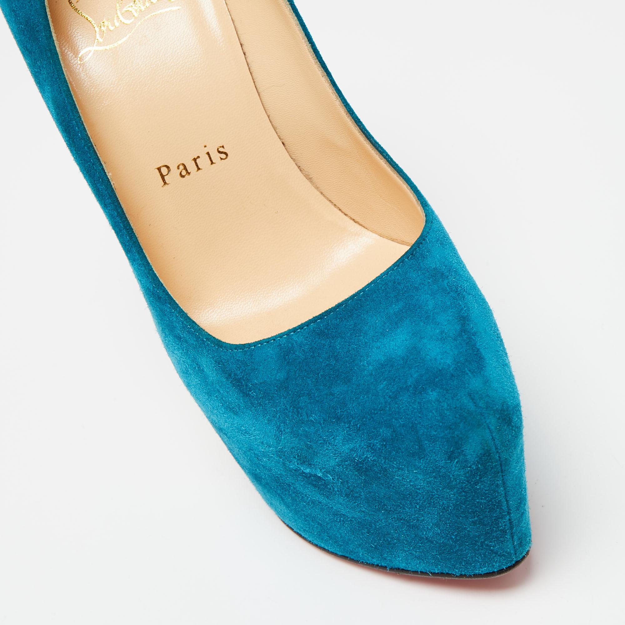 Christian Louboutin Teal Blue Suede Daffodile Platform Pumps Size 36.5 For Sale 2