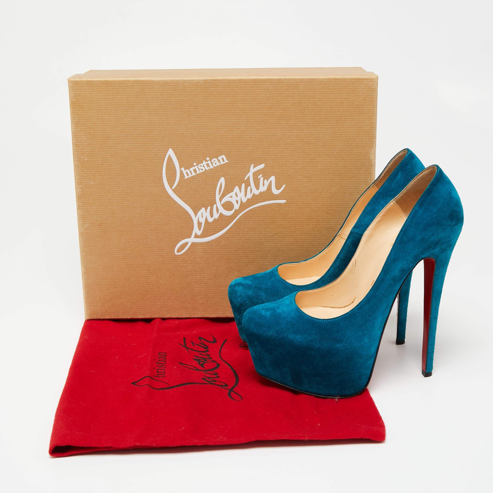 Christian Louboutin Teal Blue Suede Daffodile Platform Pumps Size 36.5 For Sale 5