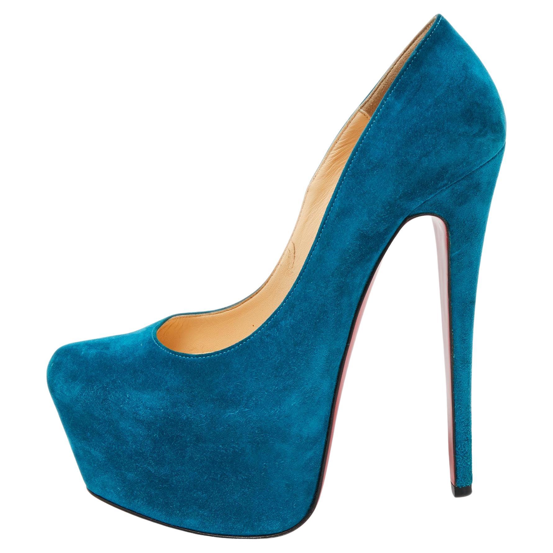 Christian Louboutin Teal Blue Suede Daffodile Platform Pumps Size 36.5 For Sale