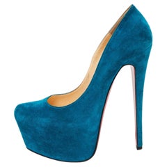 Used Christian Louboutin Teal Blue Suede Daffodile Platform Pumps Size 36.5