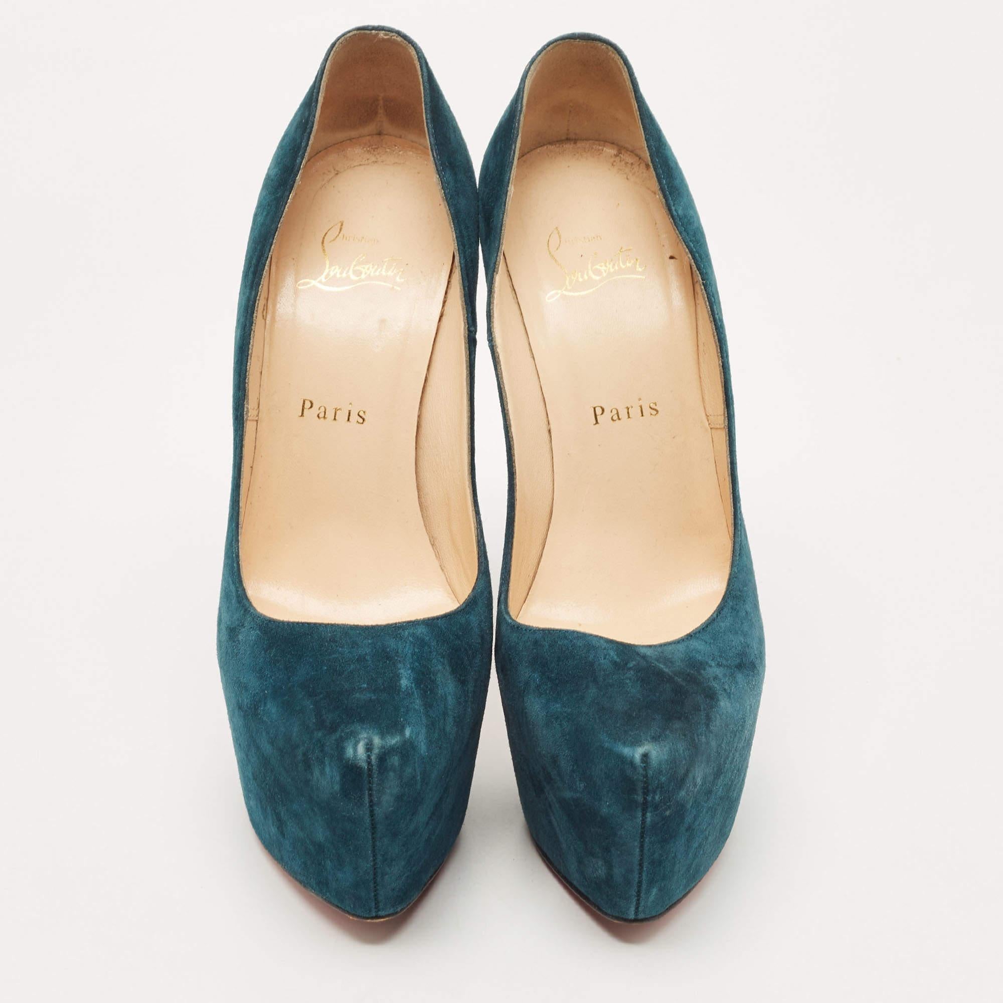 Christian Louboutin Teal Blue Suede Daffodile Platform Pumps Size 38 In Good Condition For Sale In Dubai, Al Qouz 2