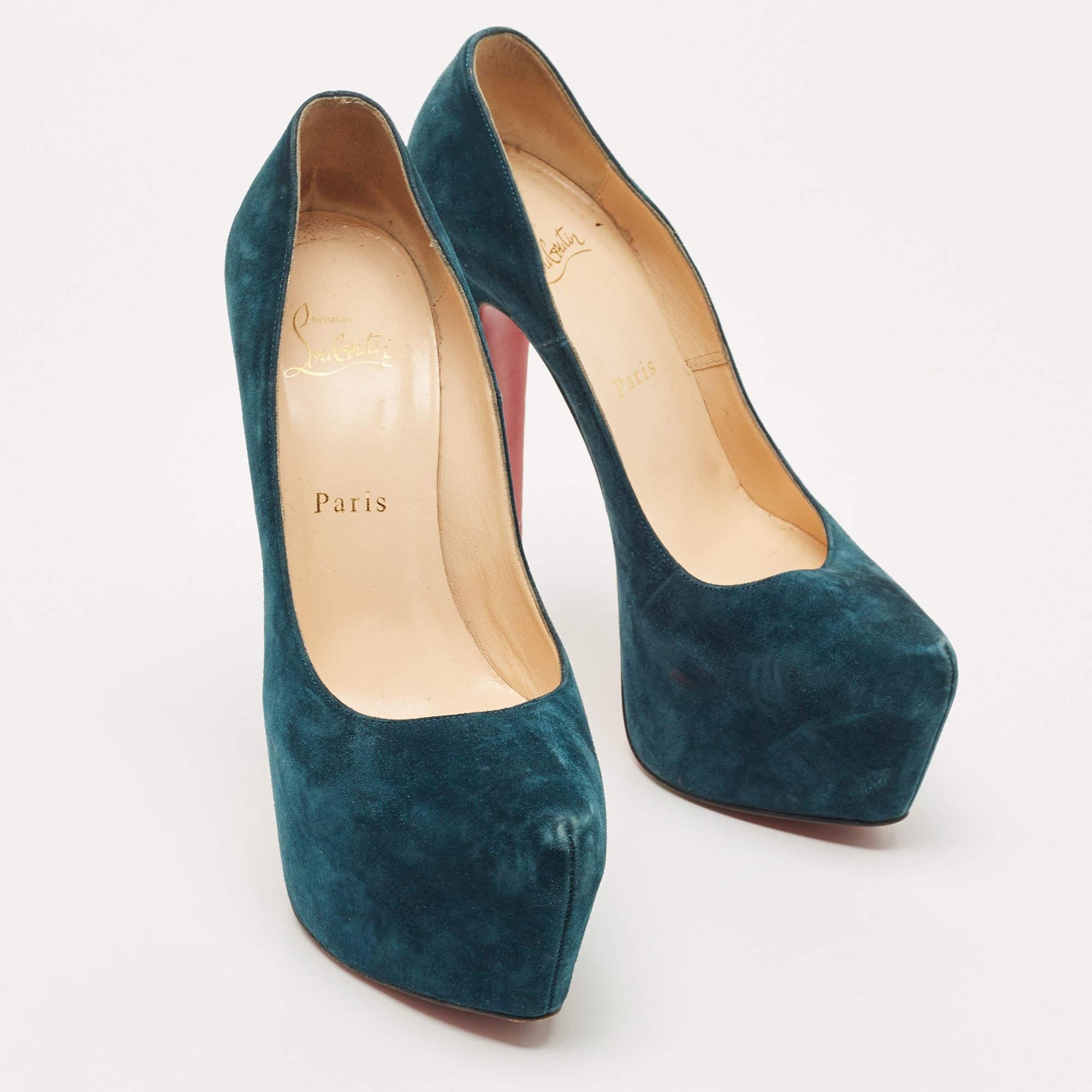 Women's Christian Louboutin Teal Blue Suede Daffodile Platform Pumps Size 38 For Sale