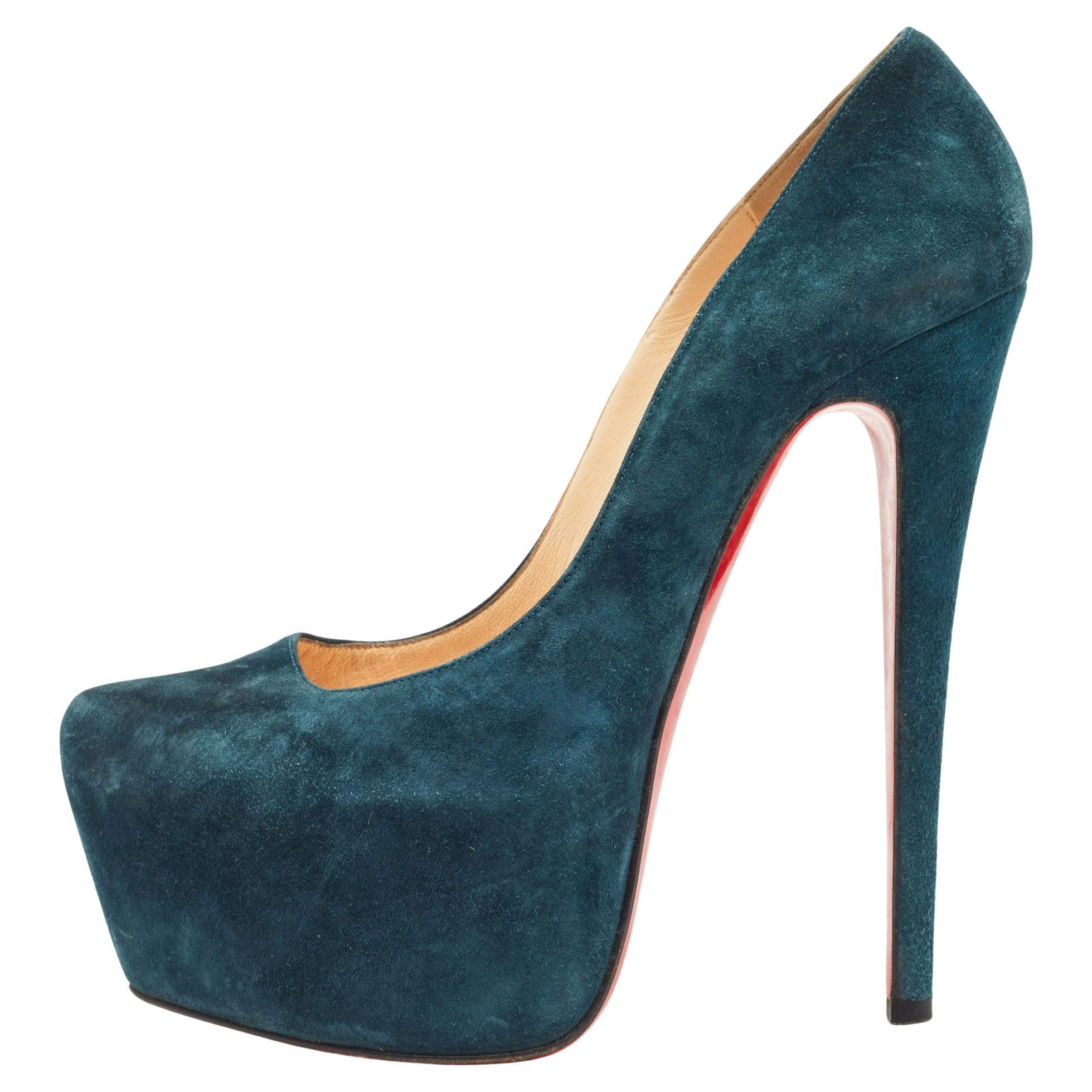 Christian Louboutin Teal Blue Suede Daffodile Platform Pumps Size 38 For Sale