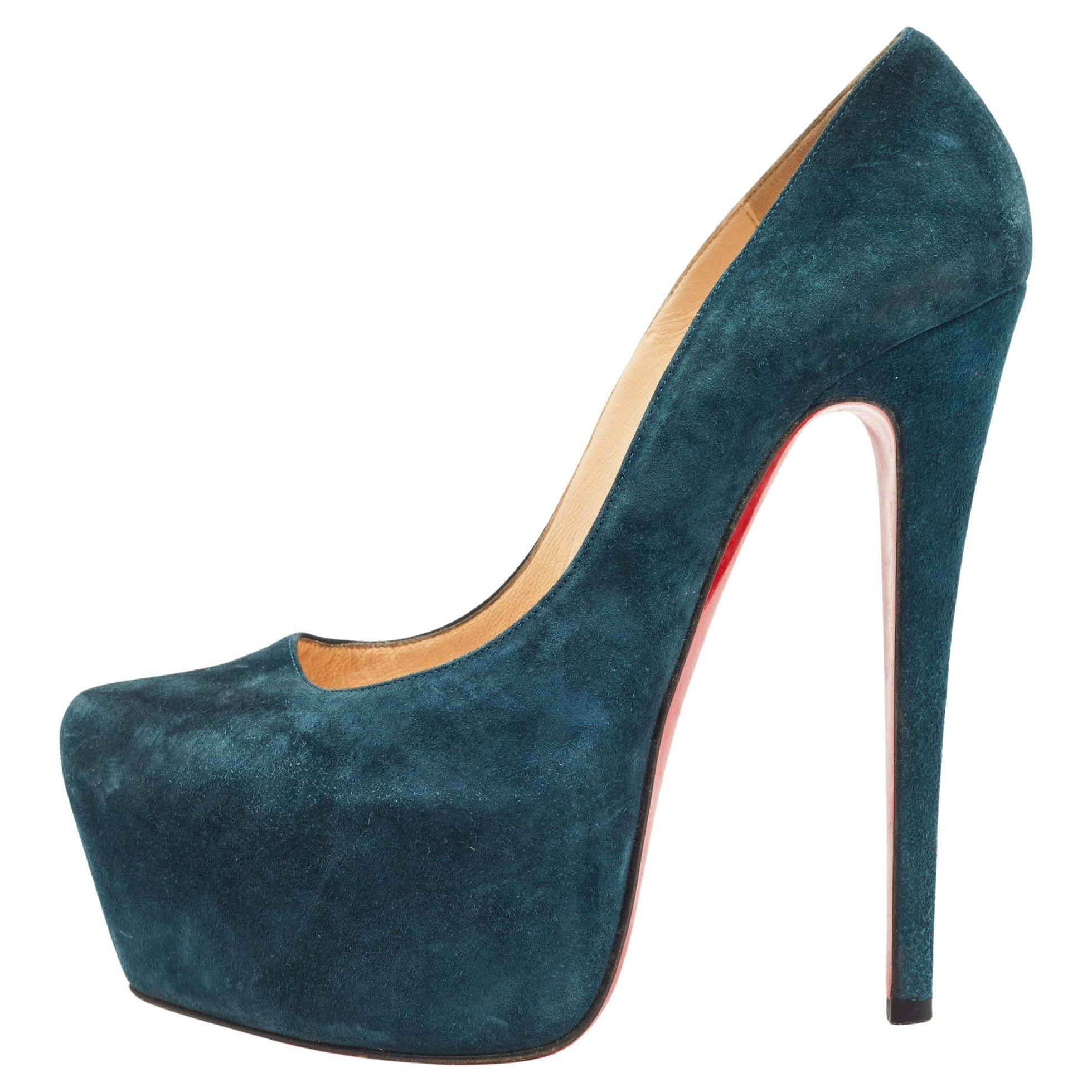 Christian Louboutin Teal Blue Suede Daffodile Platform Pumps Size 38