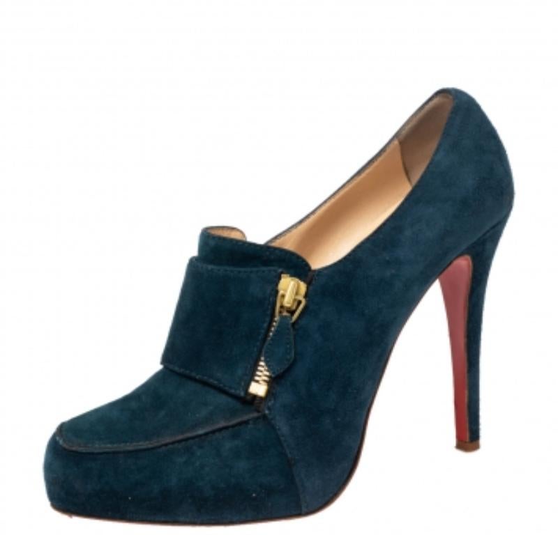 Christian Louboutin Teal Blue Suede Loafer Booties Size 39 In Fair Condition In Dubai, Al Qouz 2