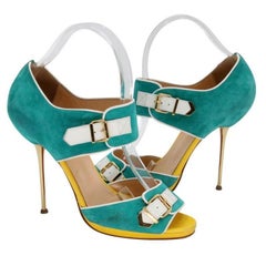 Christian Louboutin Teal Gold Buckle Peep Toe Heels Pumps 39 CL-S0929P-0307