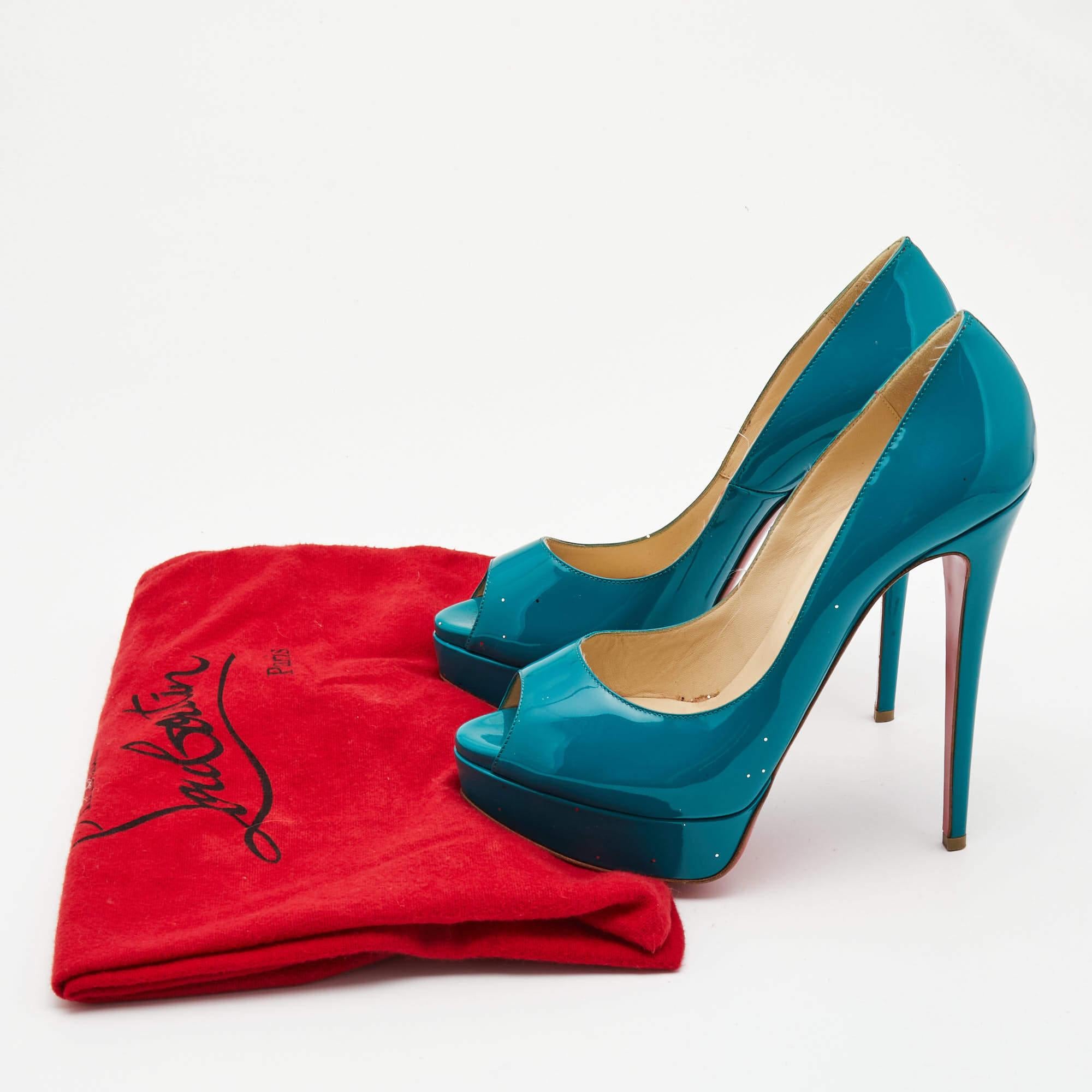 Christian Louboutin Teal Green Patent Leather Lady Peep Pumps Size 40 6