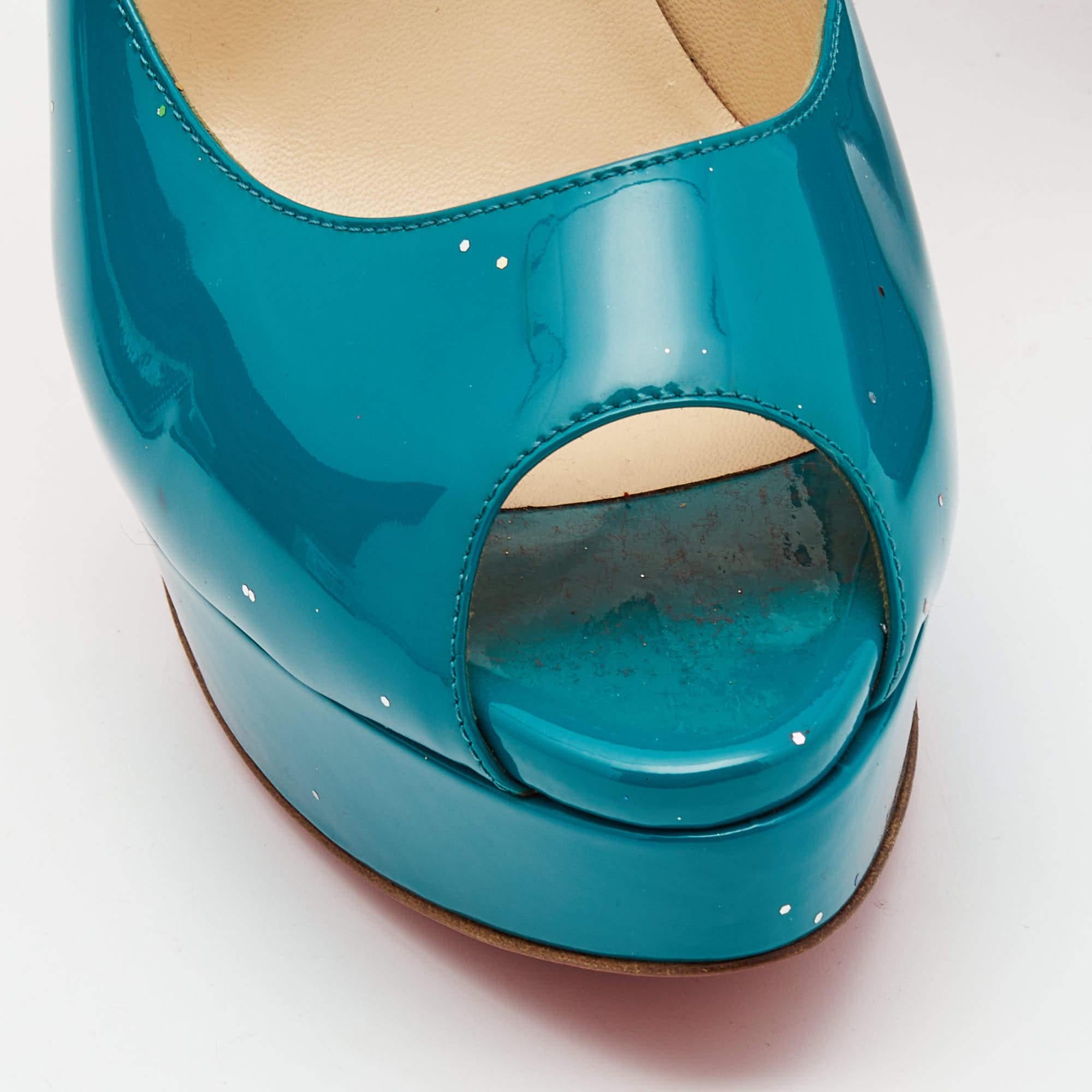 Christian Louboutin Teal Green Patent Leather Lady Peep Pumps Size 40 In Excellent Condition In Dubai, Al Qouz 2
