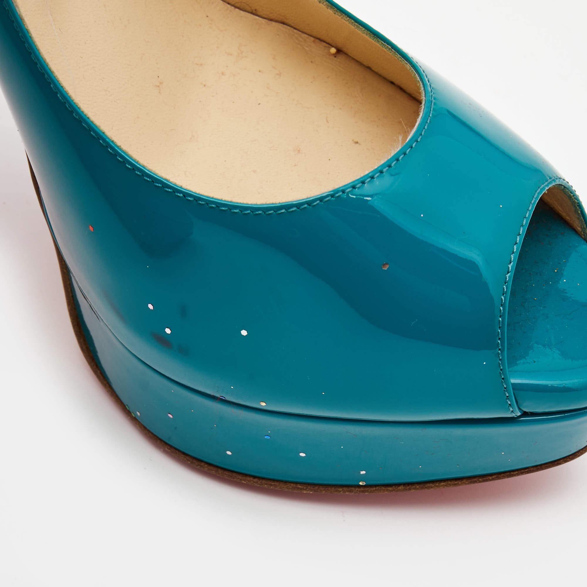 Women's Christian Louboutin Teal Green Patent Leather Lady Peep Pumps Size 40