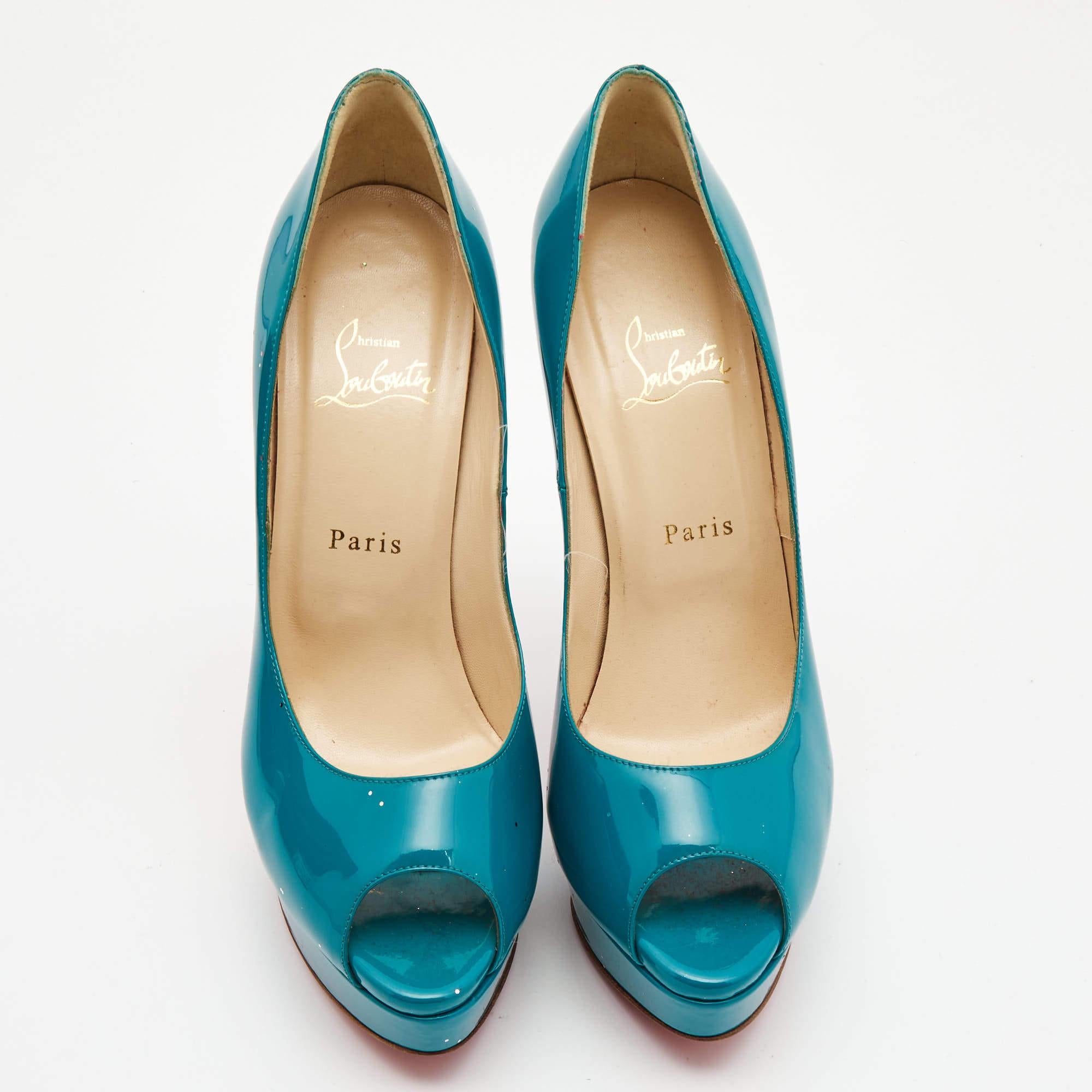 Christian Louboutin Teal Green Patent Leather Lady Peep Pumps Size 40 4