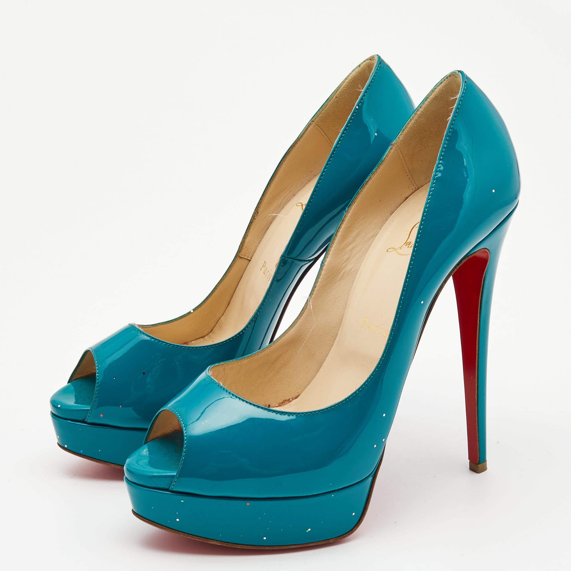 Christian Louboutin Teal Green Patent Leather Lady Peep Pumps Size 40 5