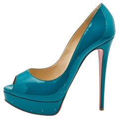Christian Louboutin Teal Green Patent Leather Lady Peep Pumps Size 40