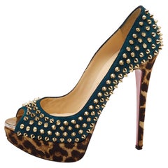 Christian Louboutin Teal Green Suede Lady Peep Spikes Pumps Size 39.5