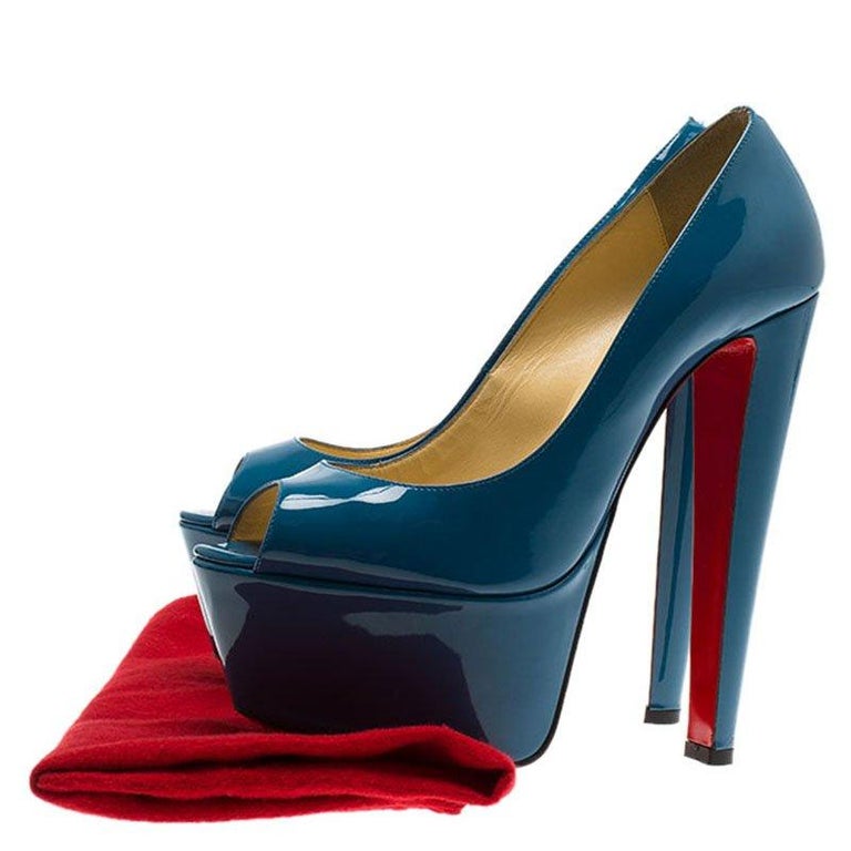 Christian Louboutin Teal Patent Jamie Peep Toe Platform Pumps Size 38.5