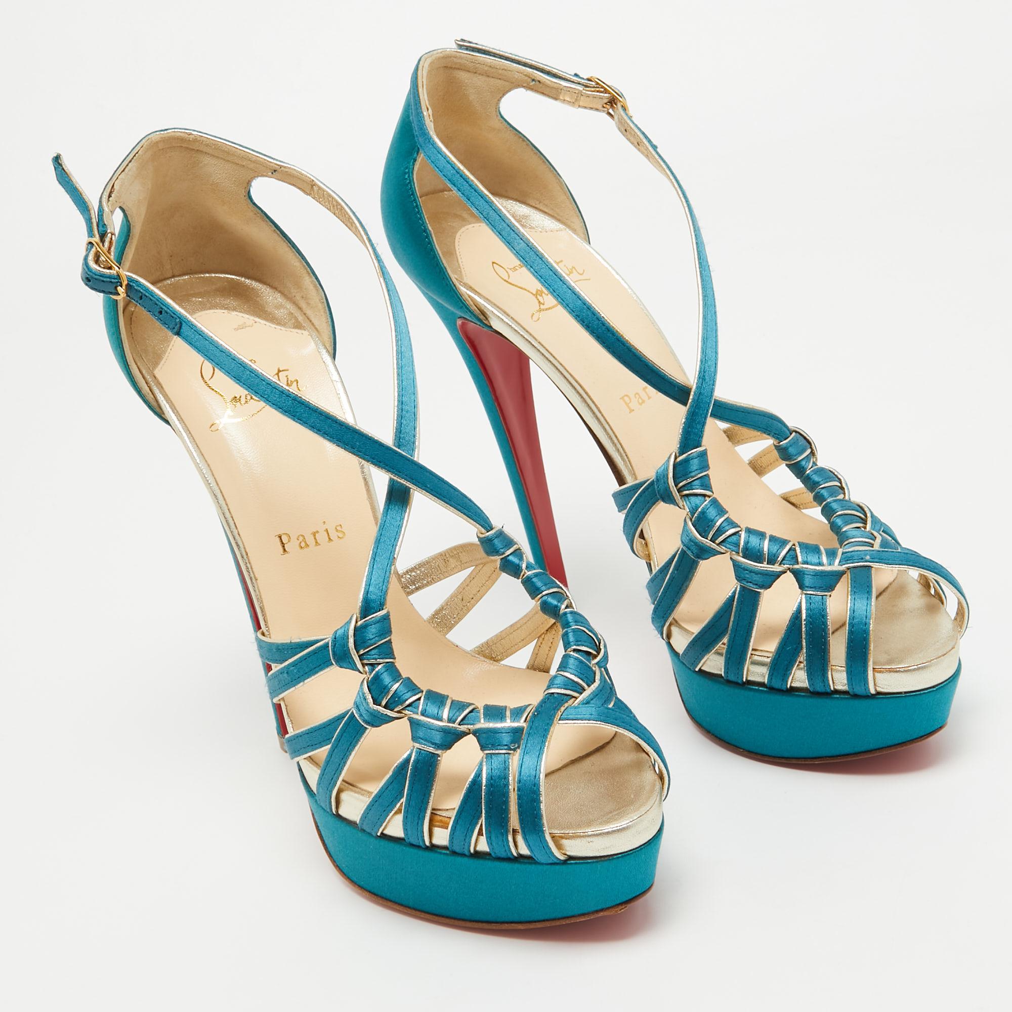 Christian Louboutin Teal Satin Knotted Strappy Platform Sandals Size 39 In New Condition For Sale In Dubai, Al Qouz 2