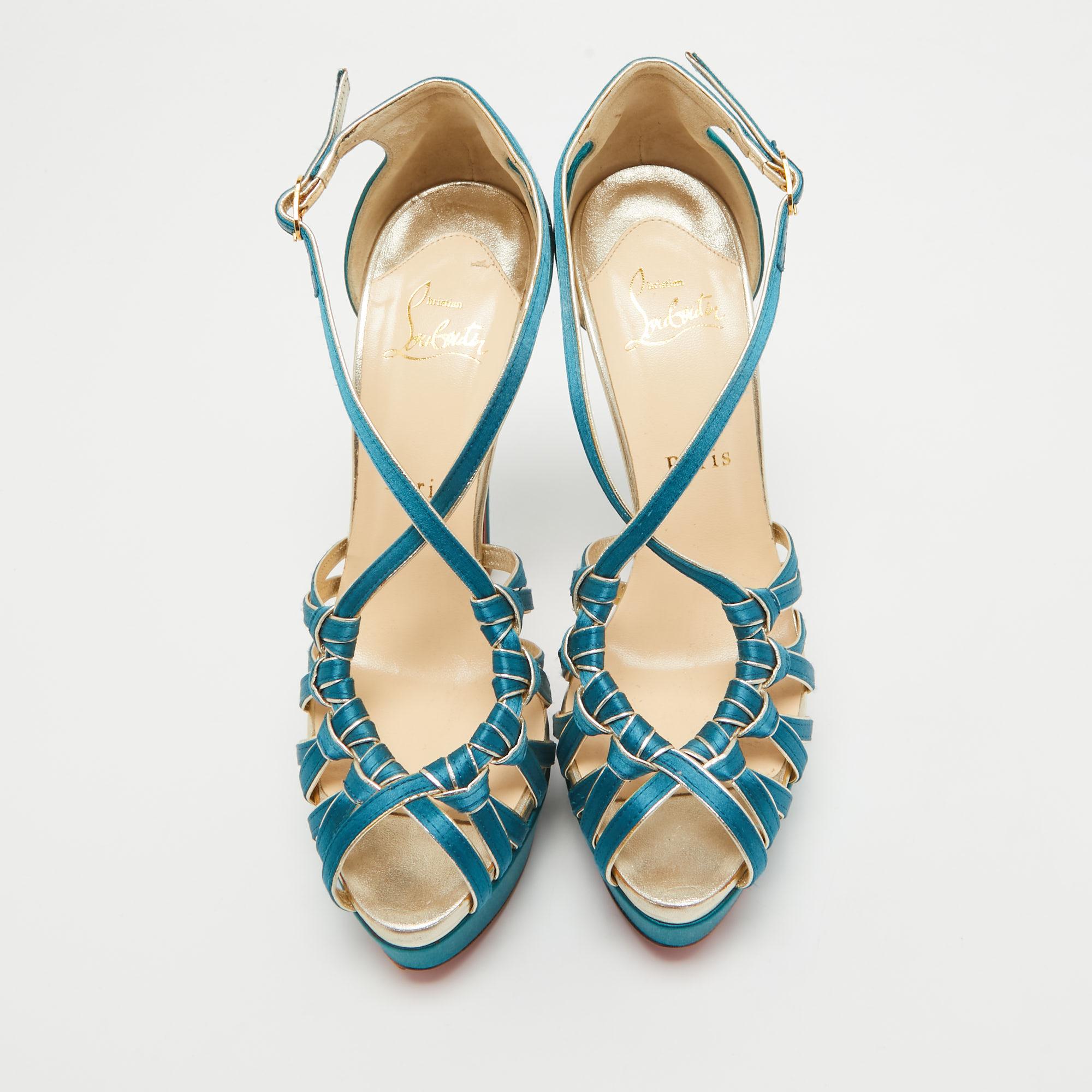 Women's Christian Louboutin Teal Satin Knotted Strappy Platform Sandals Size 39 For Sale