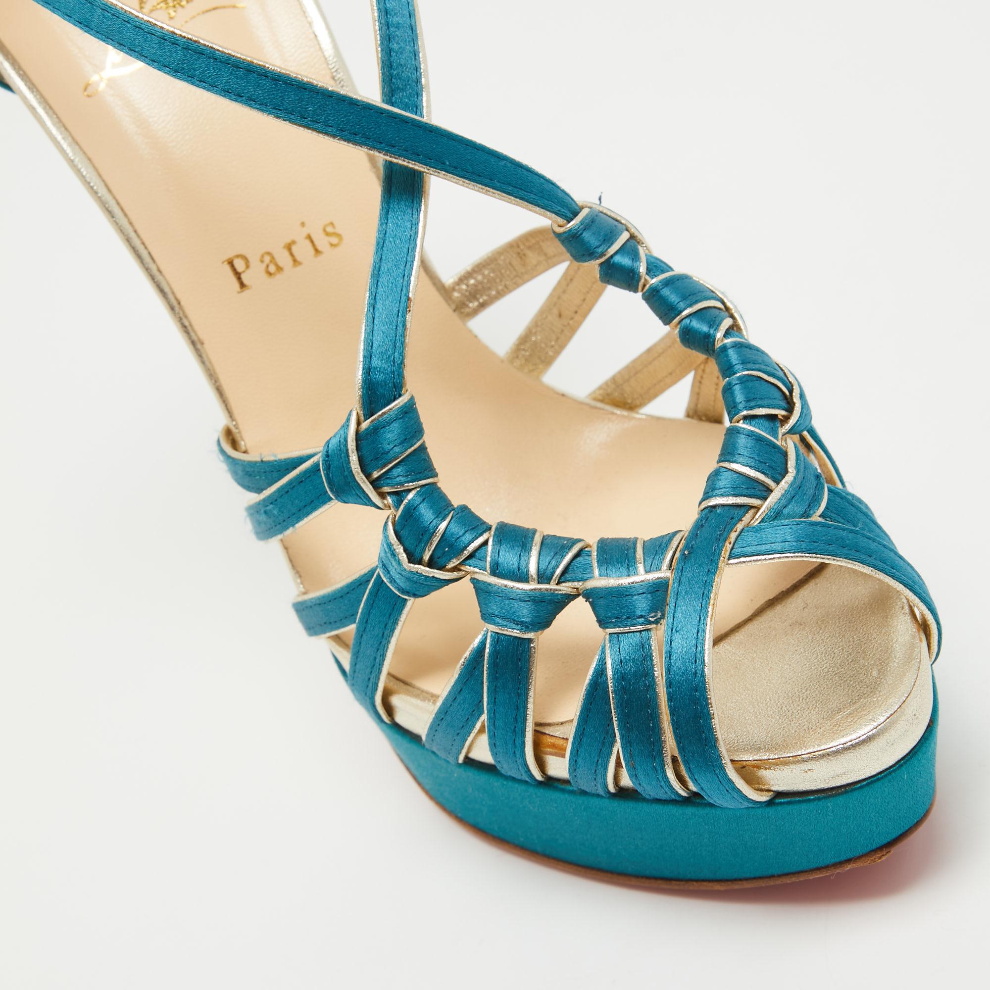 Christian Louboutin Teal Satin Knotted Strappy Platform Sandals Size 39 For Sale 3