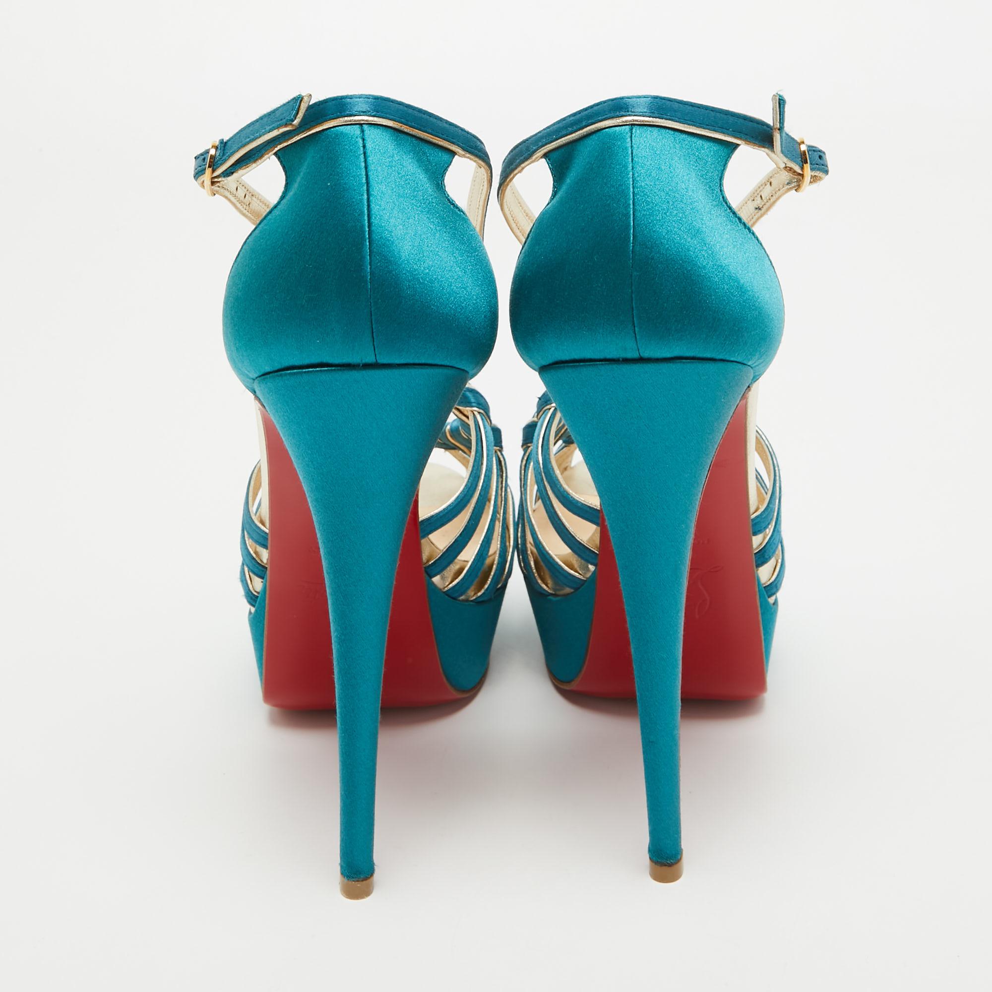 Christian Louboutin Teal Satin Knotted Strappy Platform Sandals Size 39 For Sale 4