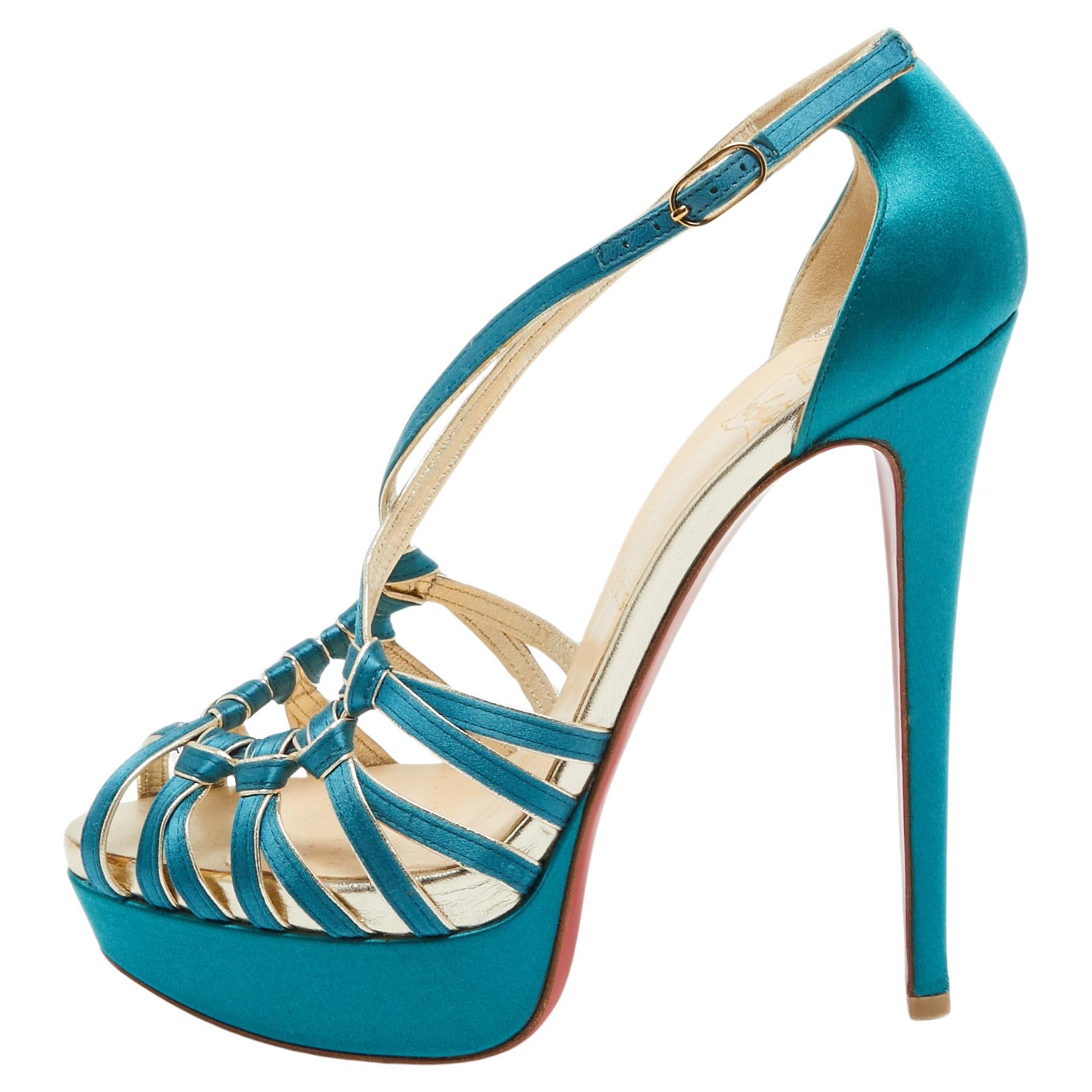 Christian Louboutin Teal Satin Knotted Strappy Platform Sandals Size 39 For Sale