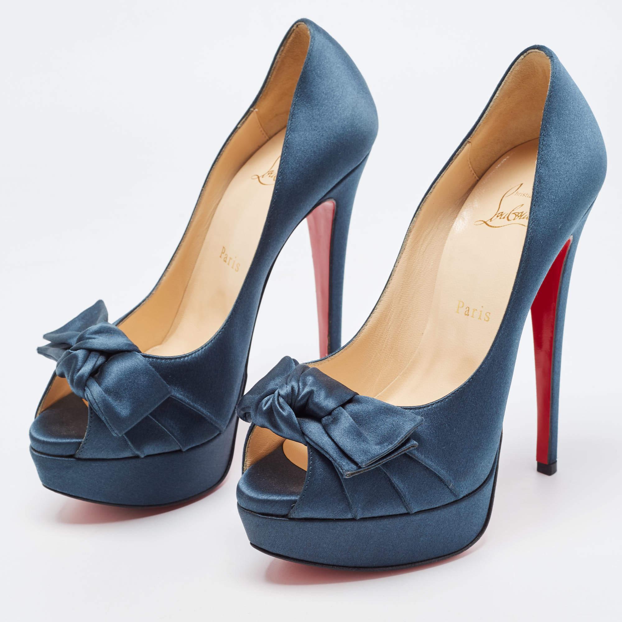 Women's Christian Louboutin Teal Satin Madame Butterfly Pumps Size 37 For Sale