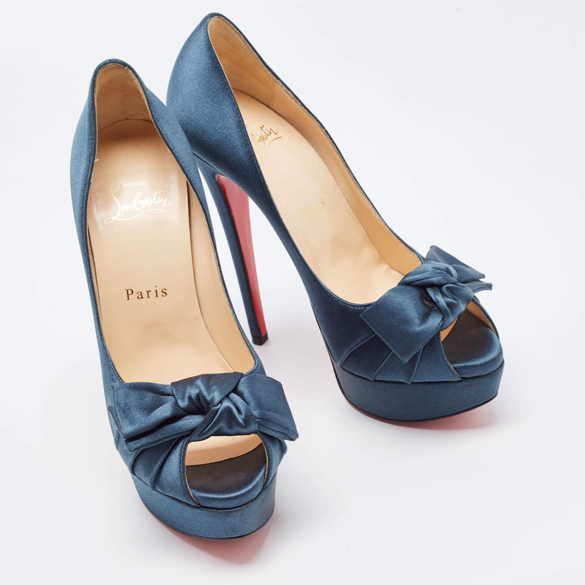Christian Louboutin Teal Satin Madame Butterfly Pumps Size 37 For Sale 3