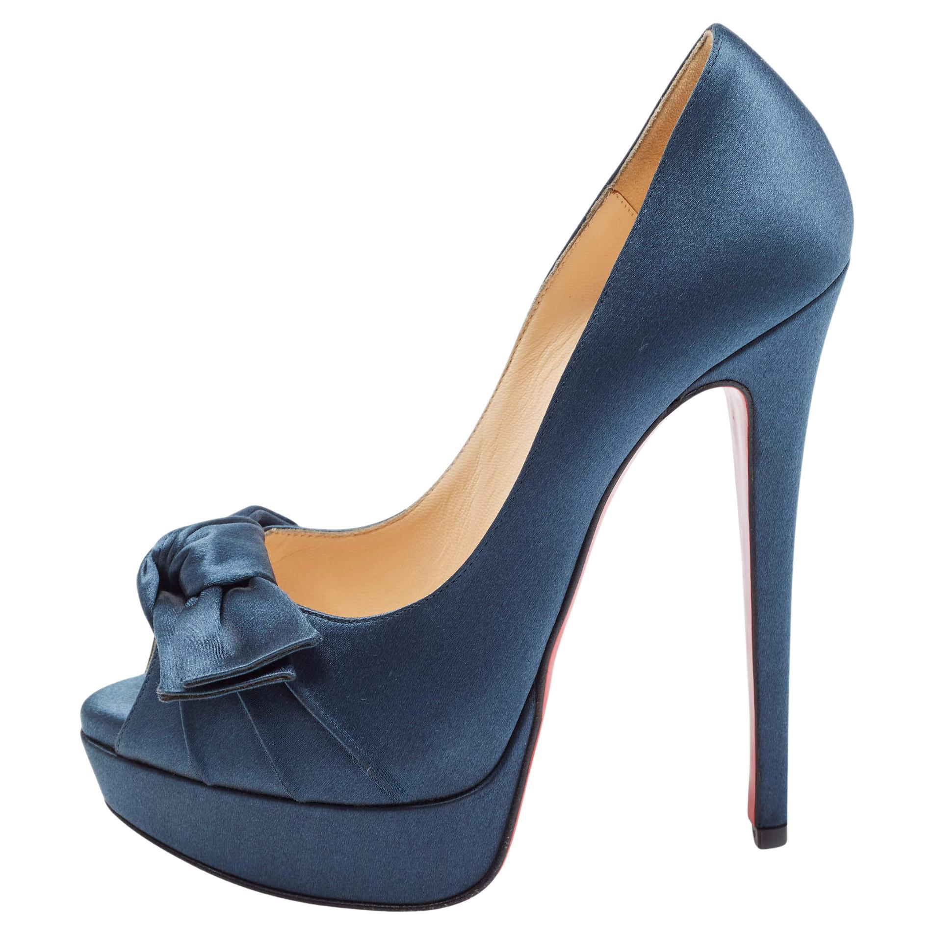 Christian Louboutin Teal Satin Madame Butterfly Pumps Size 37 For Sale