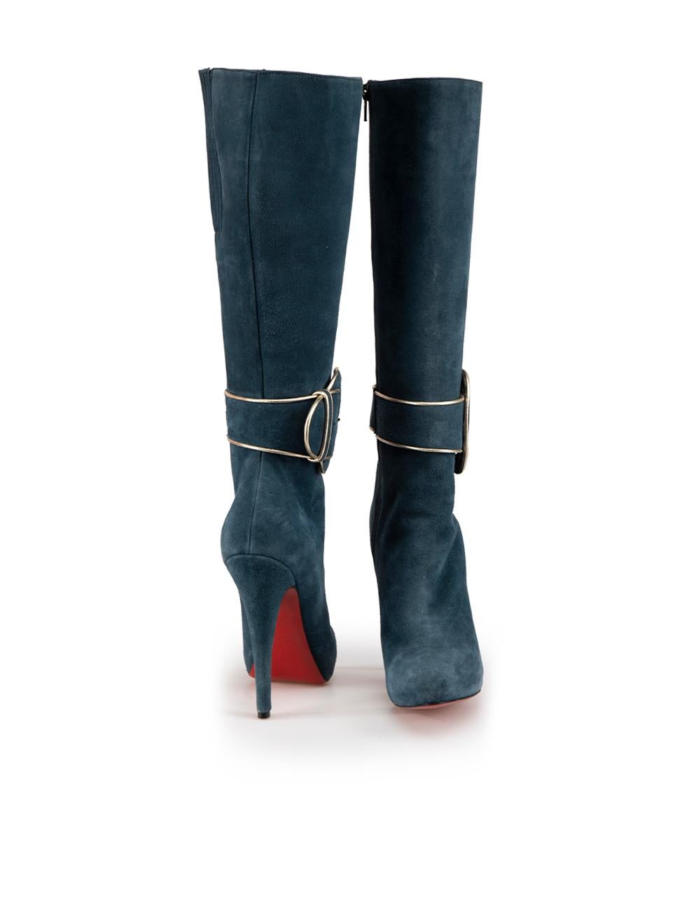 Christian Louboutin Teal Suede Knee High Boots Size IT 37.5 In Good Condition In London, GB
