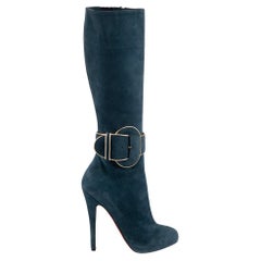 Used Christian Louboutin Teal Suede Knee High Boots Size IT 37.5