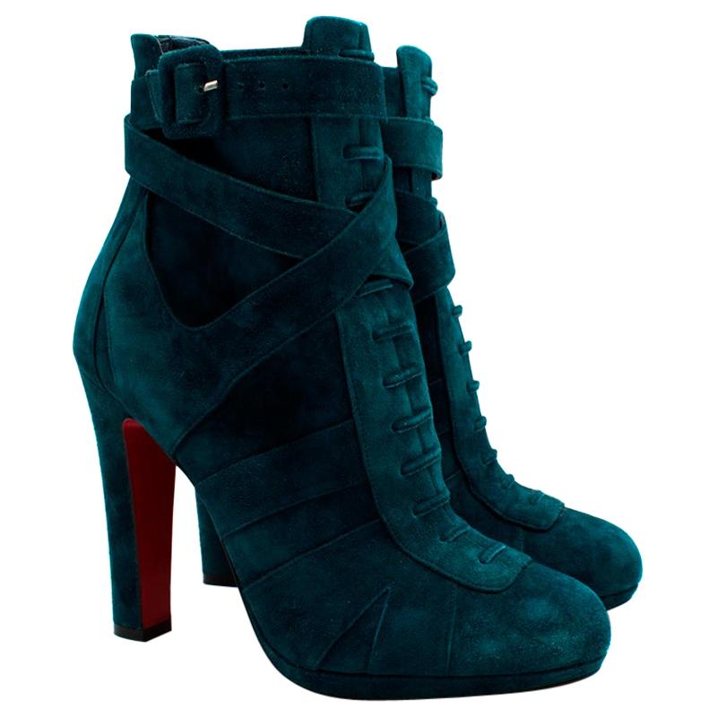 Christian Louboutin Teal Suede Lace-Up Ankle Boots - Size 39