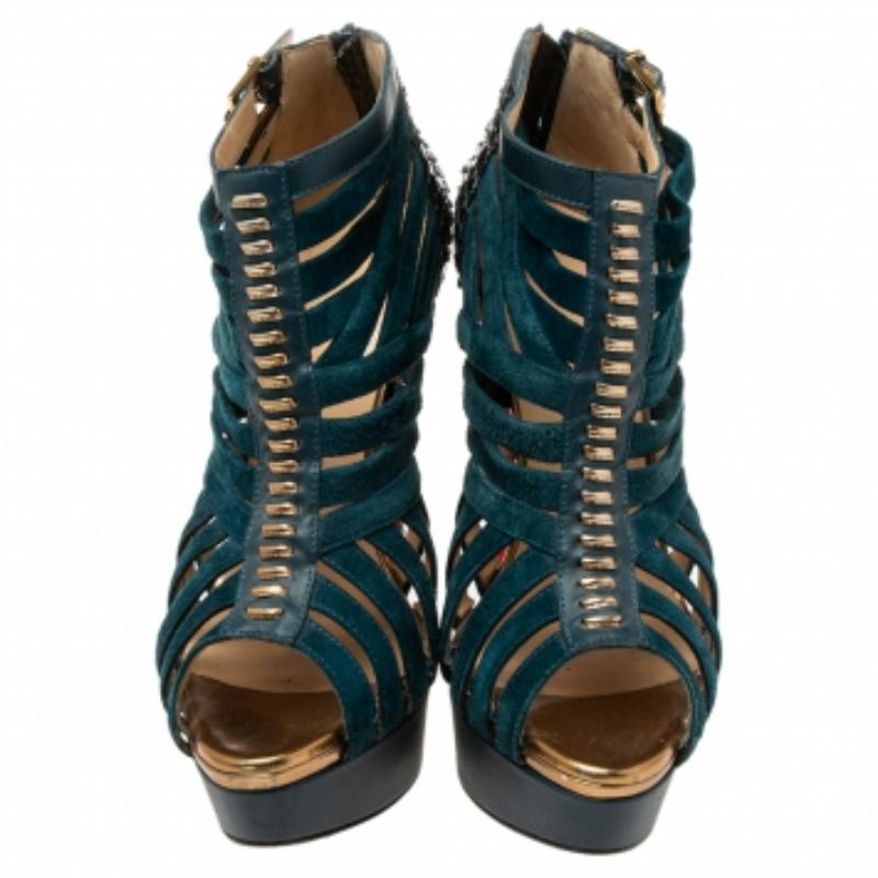 Noir Christian Louboutin Teal Suede & Python Leather Caged Karina Booties Size 38.5 en vente