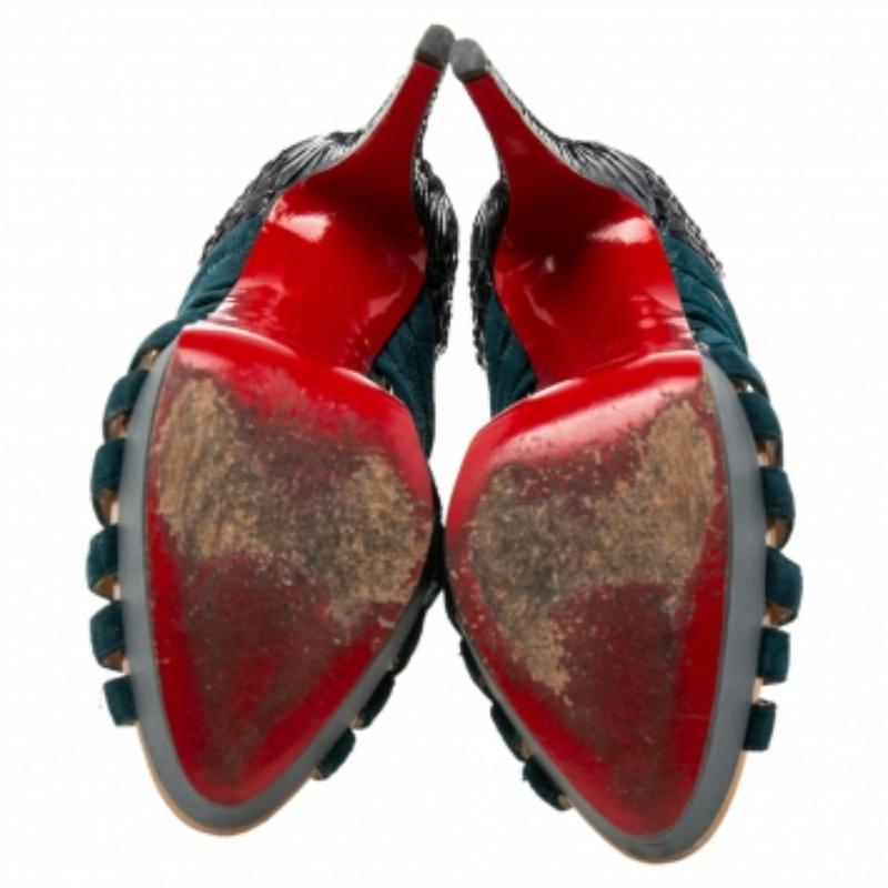 Christian Louboutin Teal Suede & Python Leather Caged Karina Booties Size 38.5 Pour femmes en vente