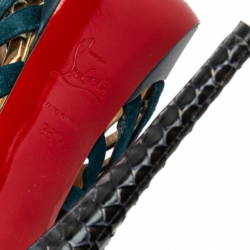 Christian Louboutin Teal Suede & Python Leather Caged Karina Booties Size 38.5 en vente 1