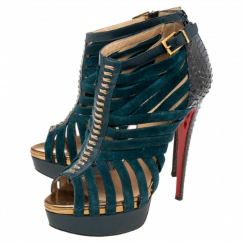 Christian Louboutin Teal Suede & Python Leather Caged Karina Booties Size 38.5 en vente 2