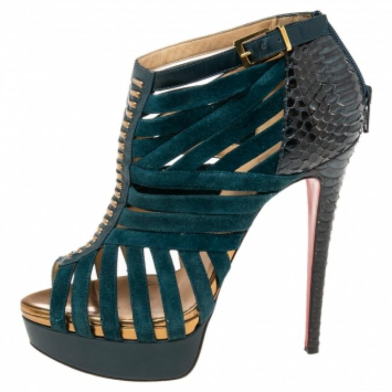 Christian Louboutin Teal Suede & Python Leather Caged Karina Booties Size 38.5 en vente 3