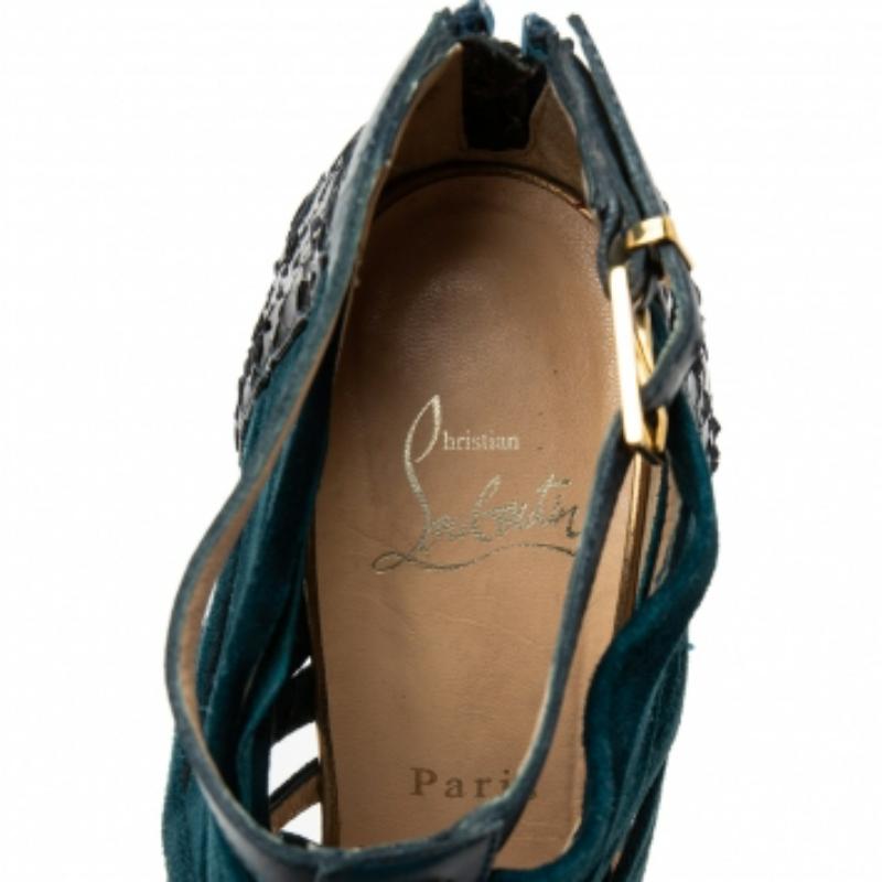 Christian Louboutin Teal Suede & Python Leather Caged Karina Booties Size 38.5 en vente 4