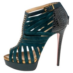 Christian Louboutin Teal Suede & Python Leather Caged Karina Booties Size 38.5