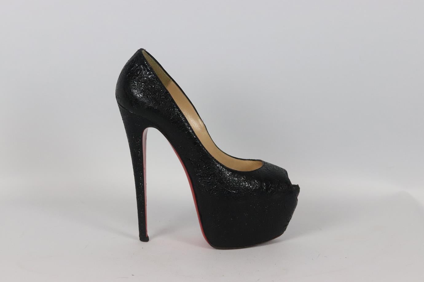 Christian Louboutin textured leather platform pumps. Black. Slips on. Does not come with dustbag or box. Size: EU 39 (UK 6, US 9). Insole: 9.6 in. Heel Height: 5 in. Platform: 2.4 in. Good condition - Wear to soles, toe and heel; see pictures.