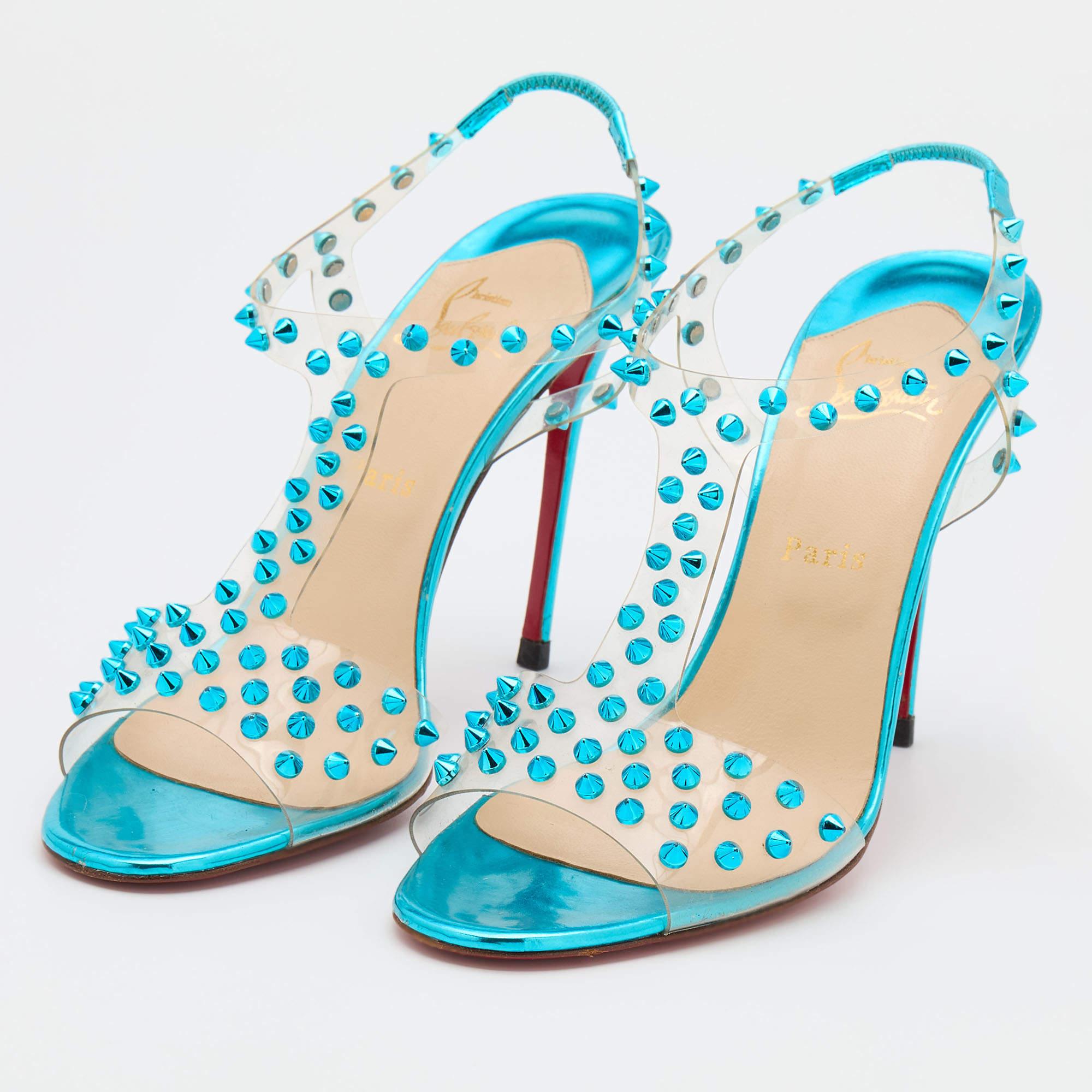 Gray Christian Louboutin Transparent/Turquoise Spike J Lissimo Sandals Size 41 For Sale