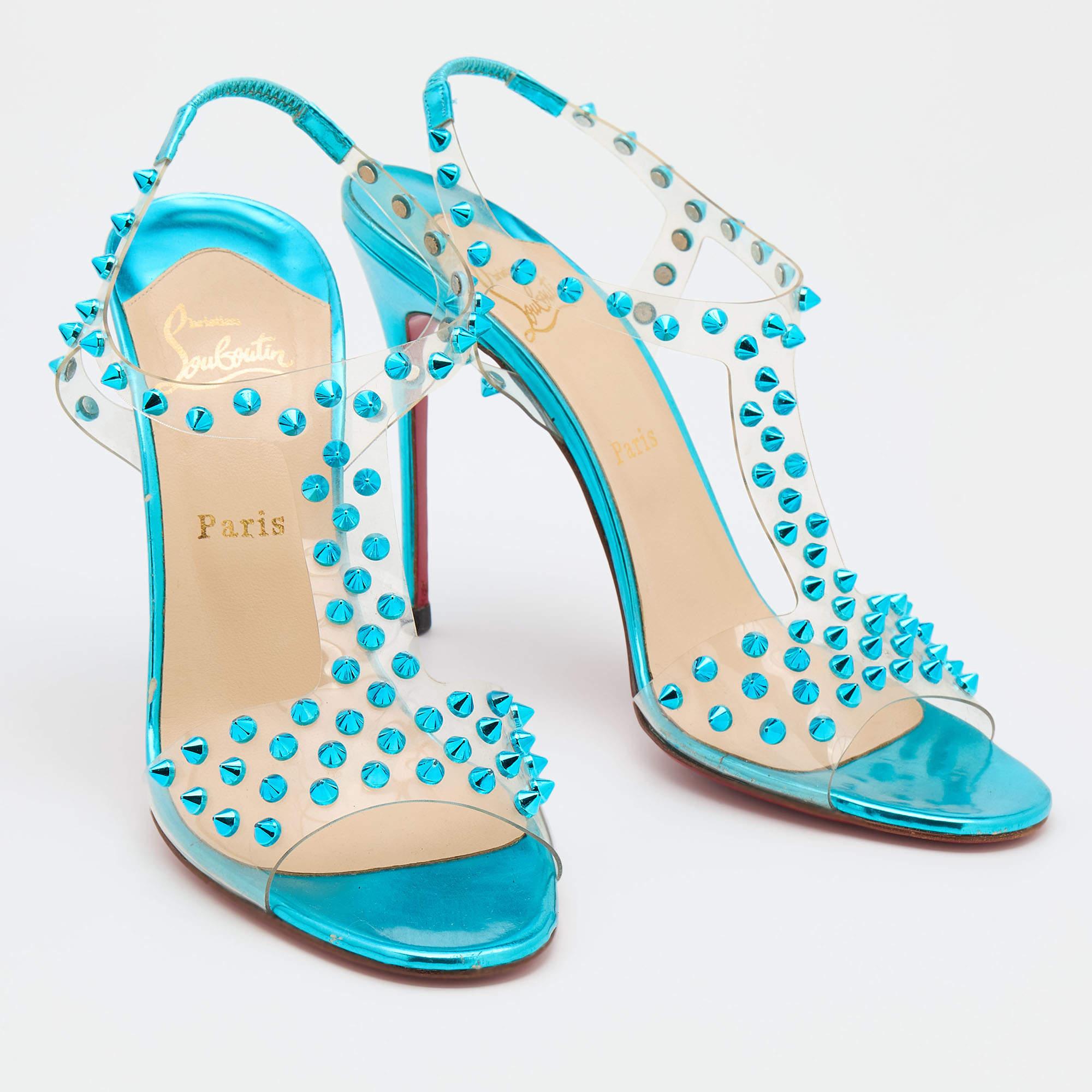 Christian Louboutin Transparent/Turquoise Spike J Lissimo Sandals Size 41 In Good Condition For Sale In Dubai, Al Qouz 2