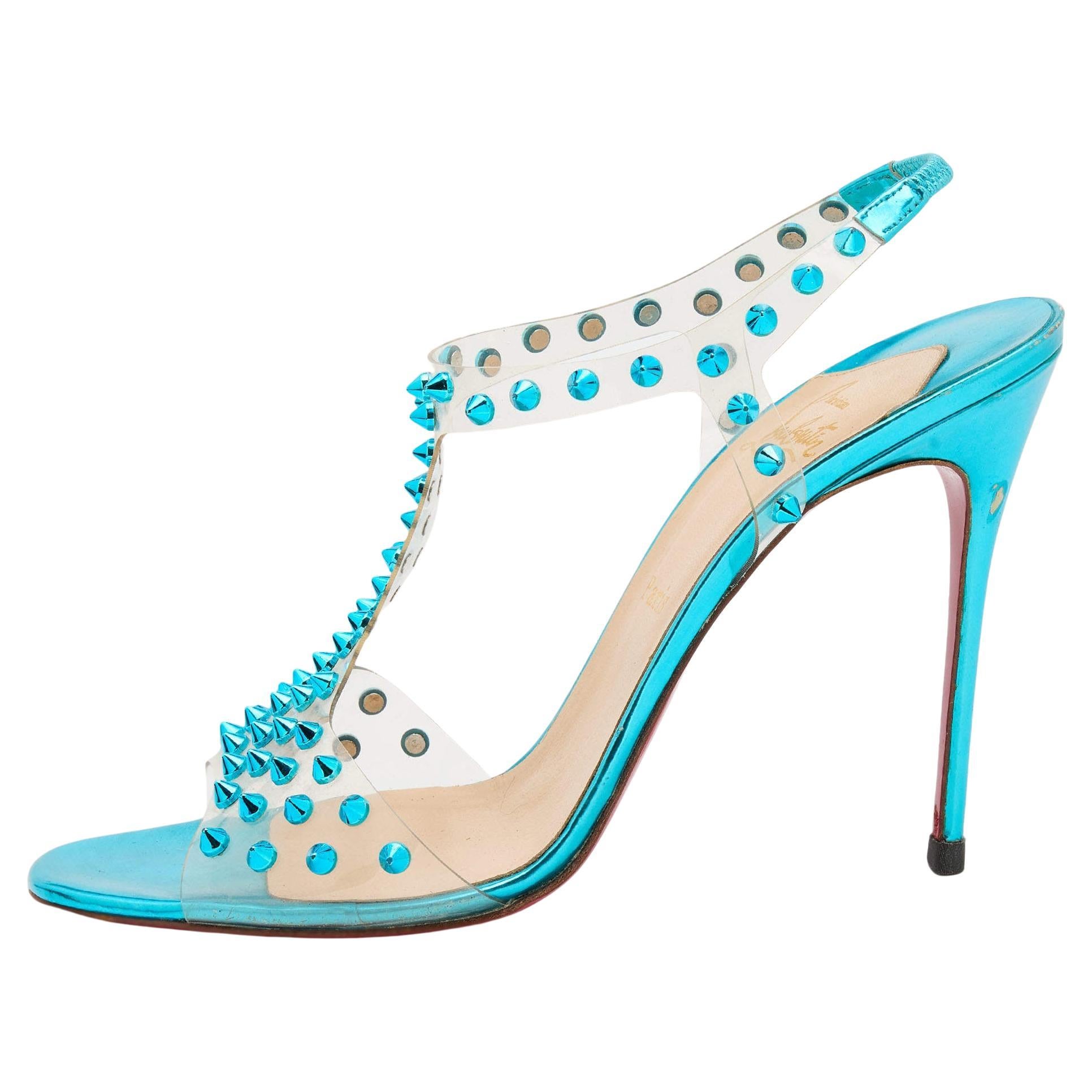 Christian Louboutin Transparent/Turquoise Spike J Lissimo Sandals Size 41 For Sale