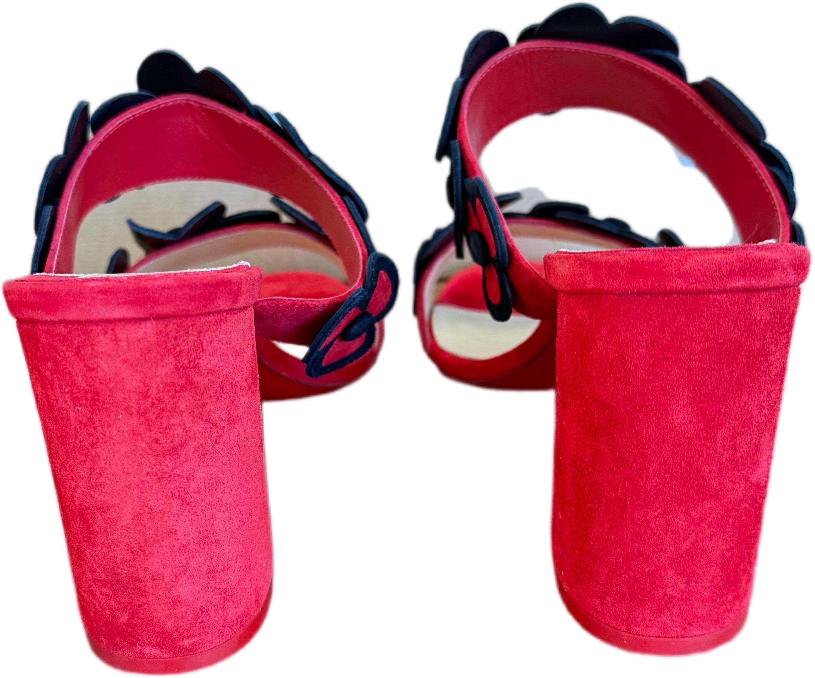 Christian Louboutin Tres Pansy 85 Mules de ante rojo con tacón bloqueado Sz 39 US 8.5 Floral Rojo en venta