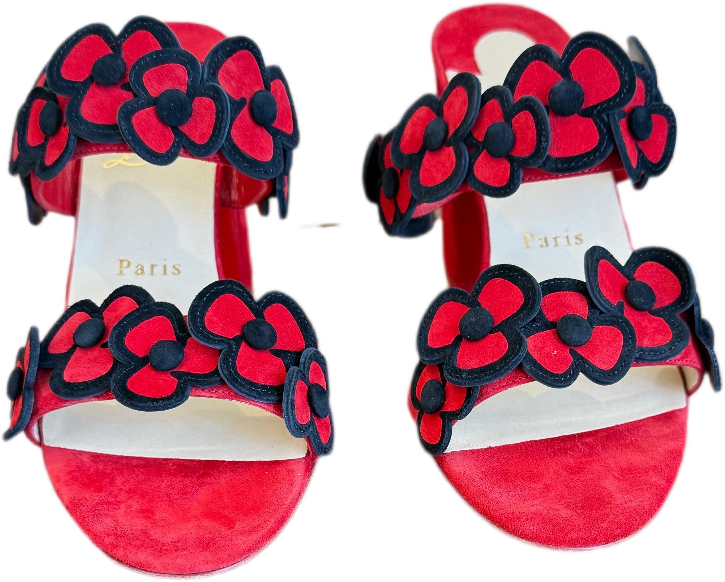 Christian Louboutin Tres Pansy 85 Mules de ante rojo con tacón bloqueado Sz 39 US 8.5 Floral en venta 1