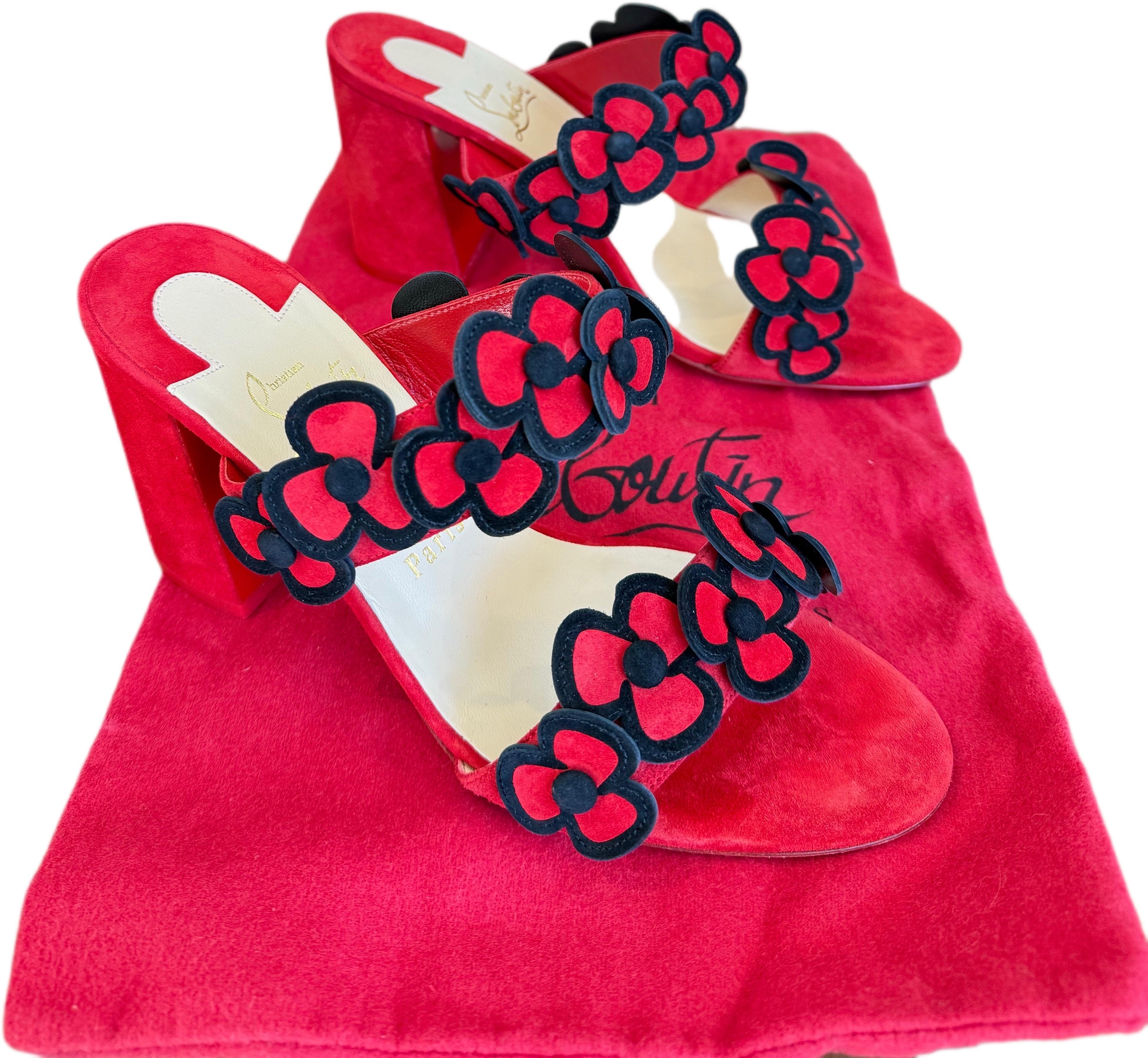 Christian Louboutin Tres Pansy 85 Mules de ante rojo con tacón bloqueado Sz 39 US 8.5 Floral en venta 2