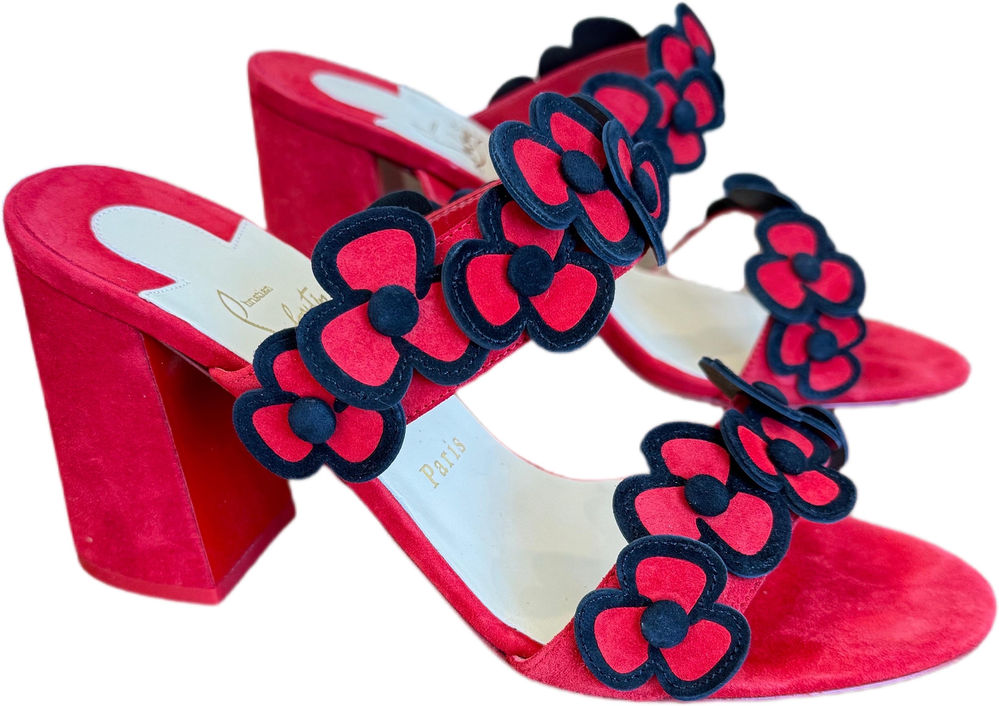 Christian Louboutin Tres Pansy 85 Mules de ante rojo con tacón bloqueado Sz 39 US 8.5 Floral en venta 3
