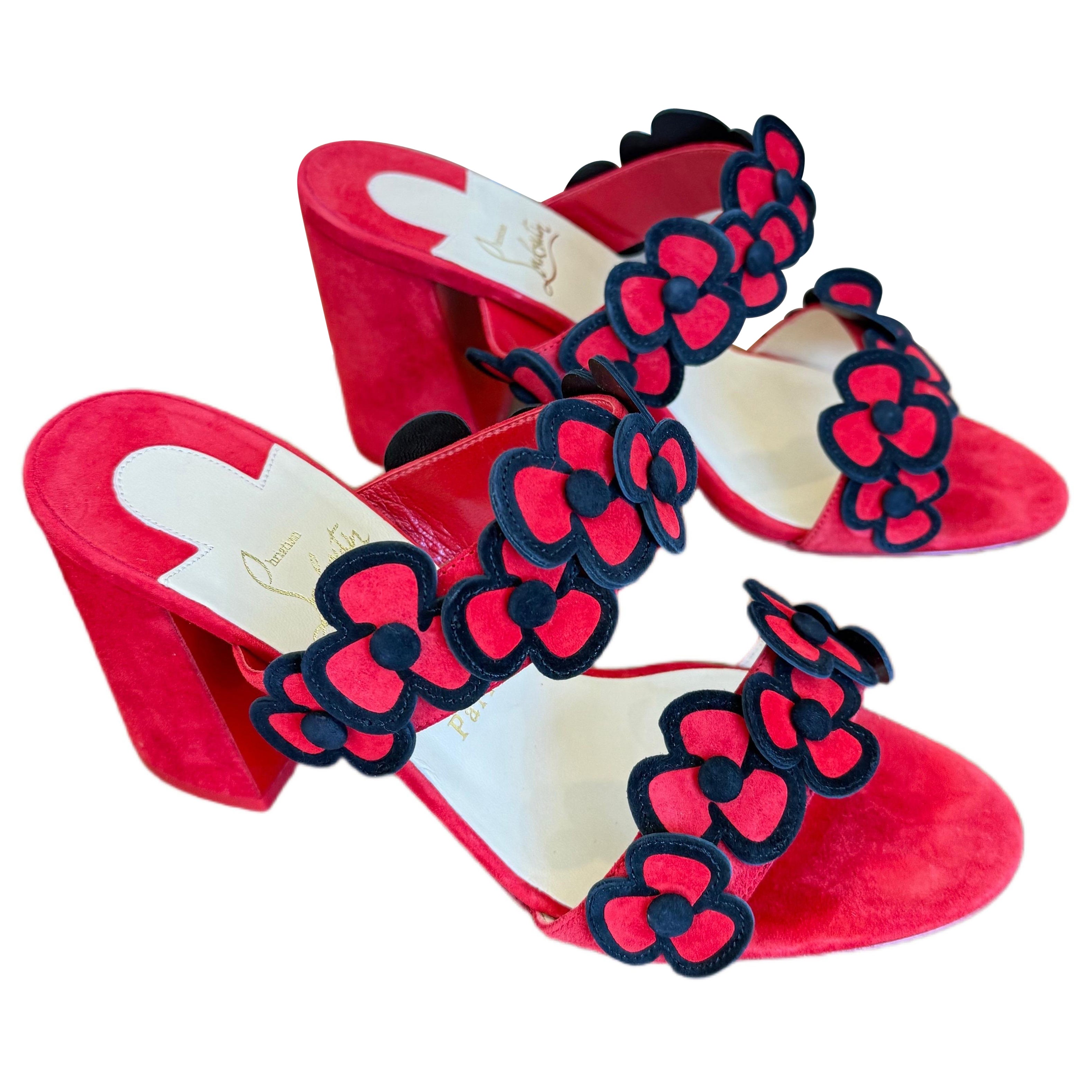 Christian Louboutin Tres Pansy 85 Mules de ante rojo con tacón bloqueado Sz 39 US 8.5 Floral en venta