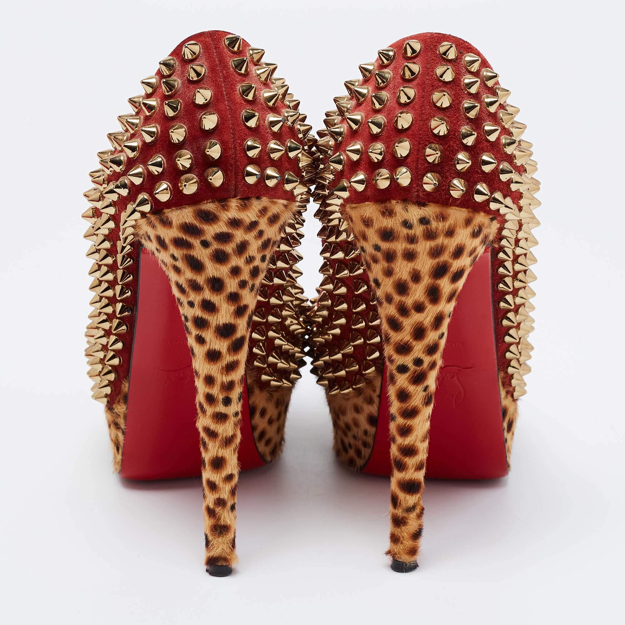 Brown Christian Louboutin Tri-Color Calf Hair Lady Peep Spike Platform Pumps Size 36.5 For Sale