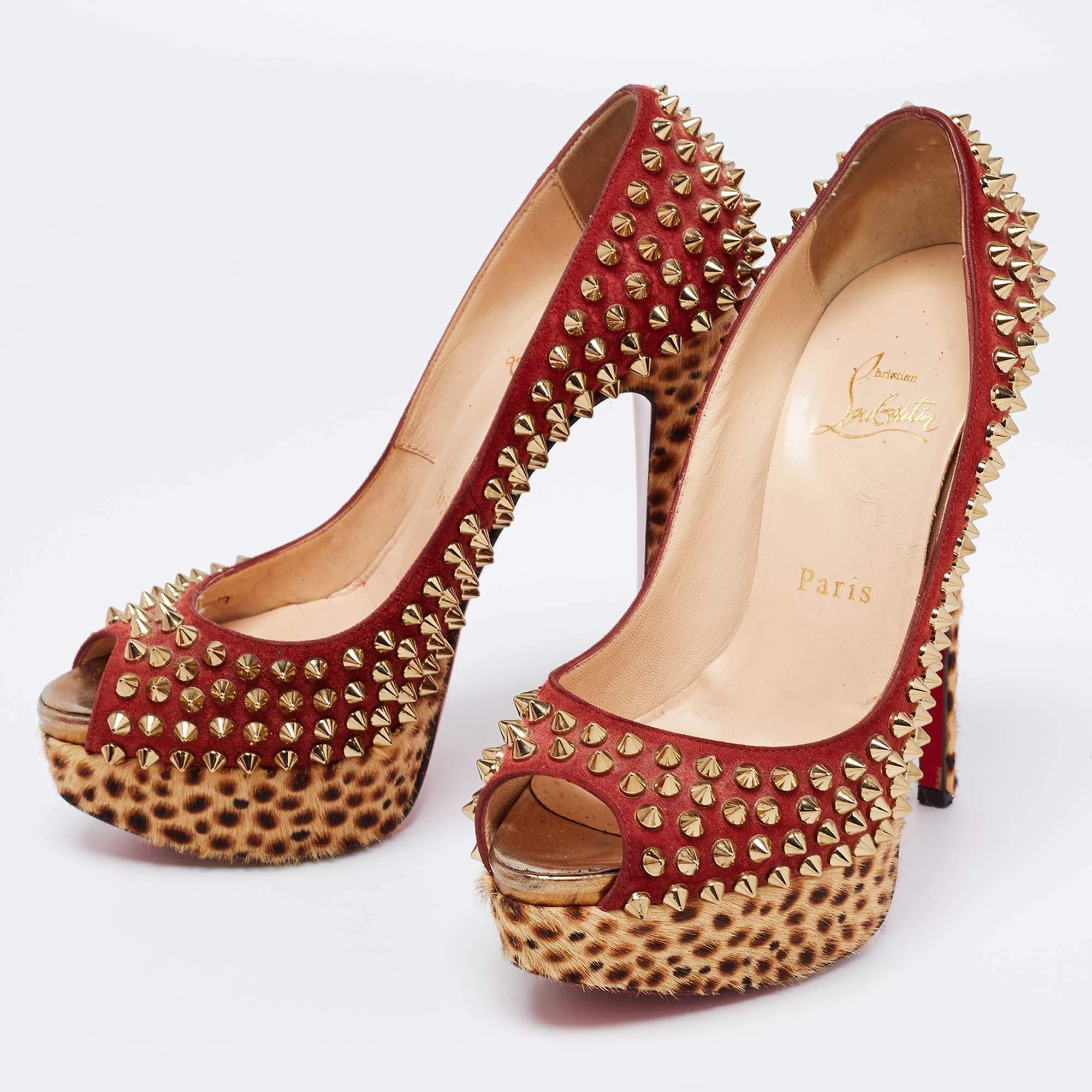 Christian Louboutin Tri-Color Calf Hair Lady Peep Spike Platform Pumps Size 36.5 In Good Condition For Sale In Dubai, Al Qouz 2