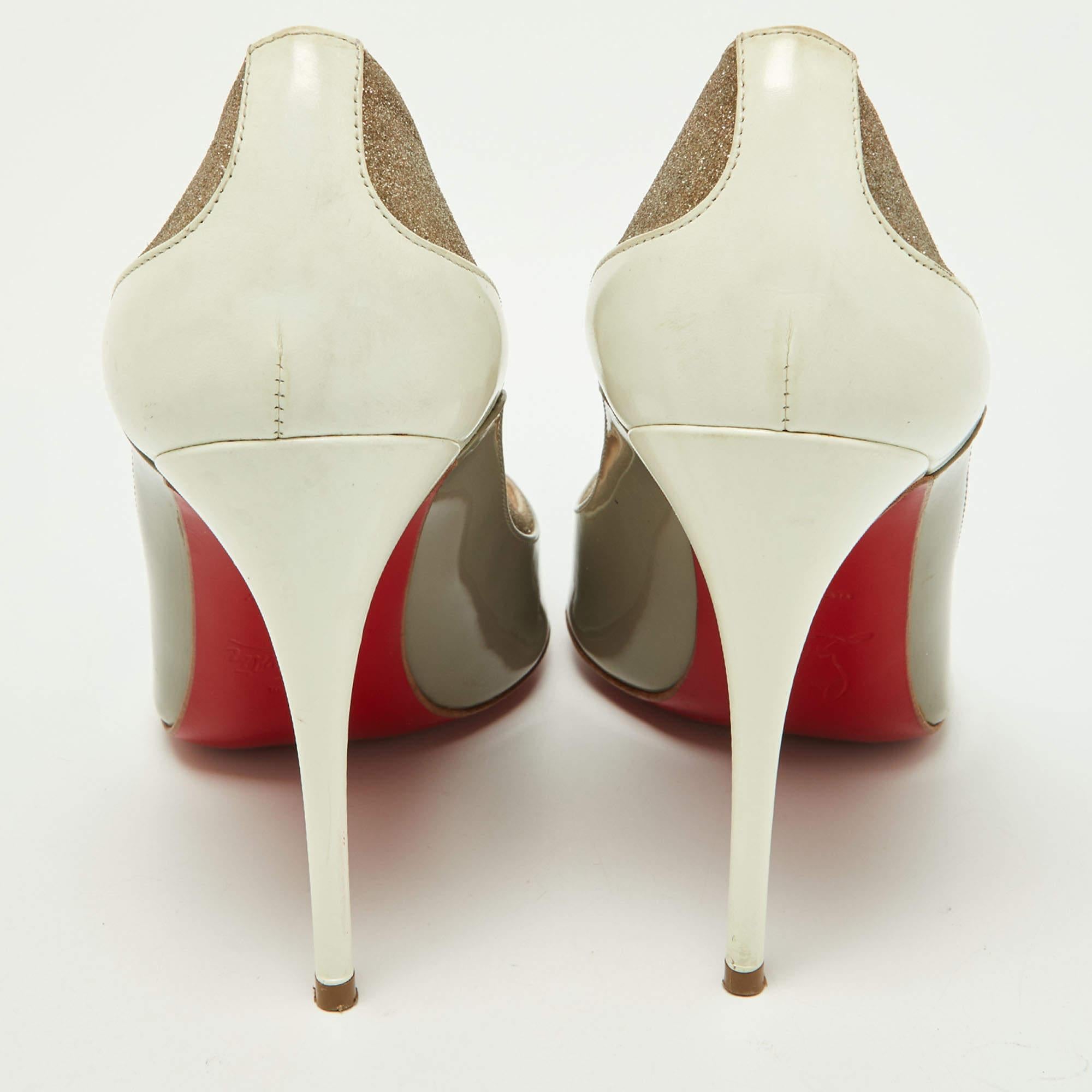Beige Christian Louboutin Tri-Color Patent Leather and Glitter Tucsick Pumps Size 35.5 For Sale