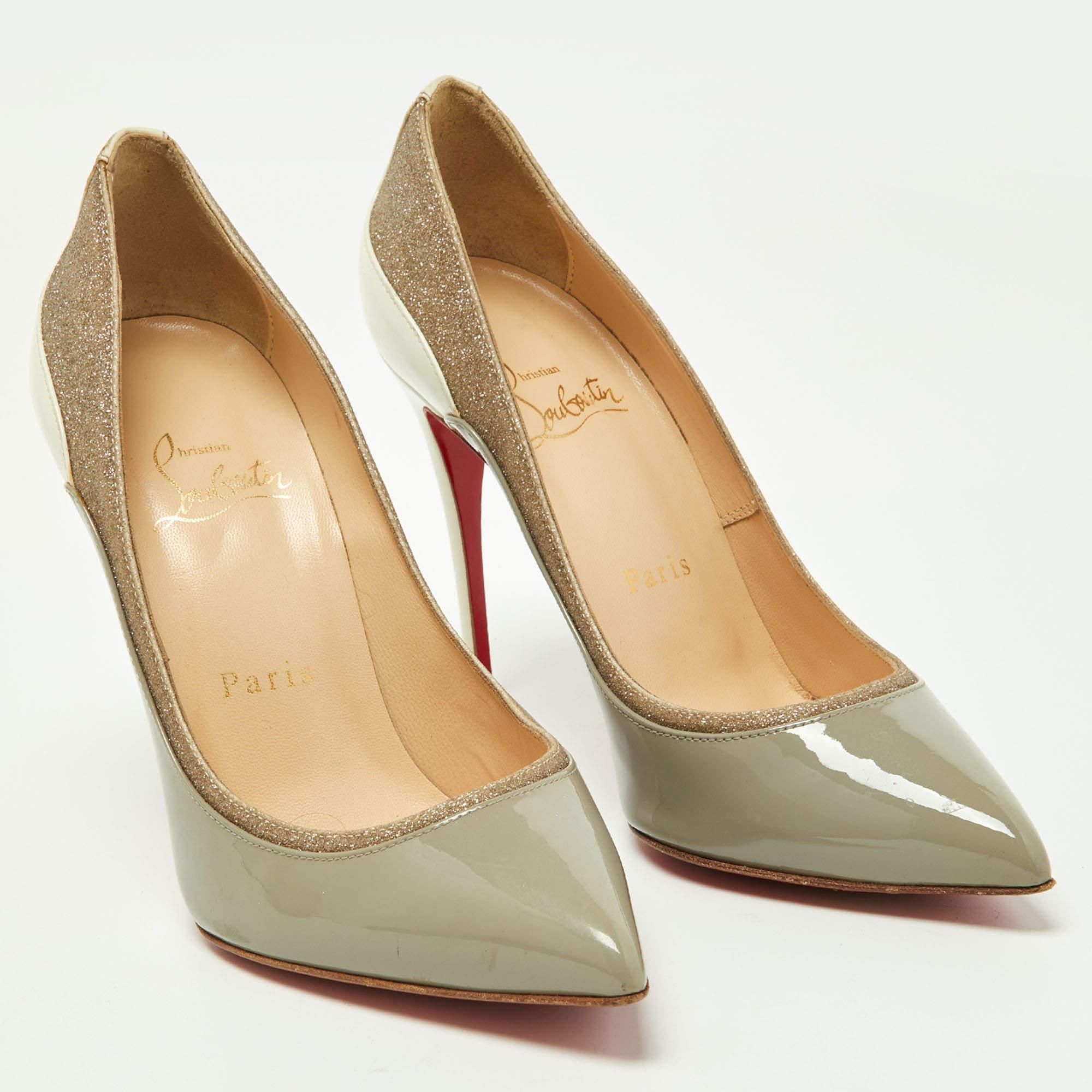 Beige Christian Louboutin Tri-Color Patent Leather and Glitter Tucsick Pumps Size 35.5 For Sale